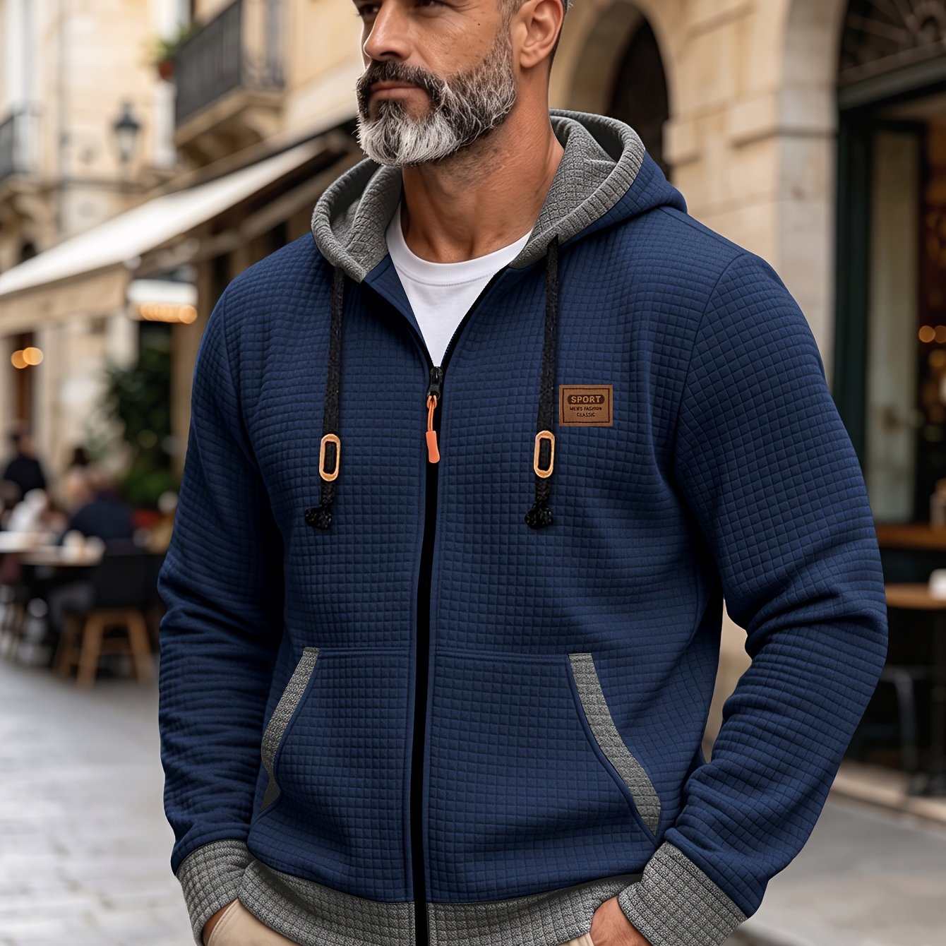 TEMU Autumn/winter Men's Thickened Jacquard Long-sleeve Hooded Cardigan Jacket With Trendy Print, Fashionable Checkered Jacquard Textured Fabric,