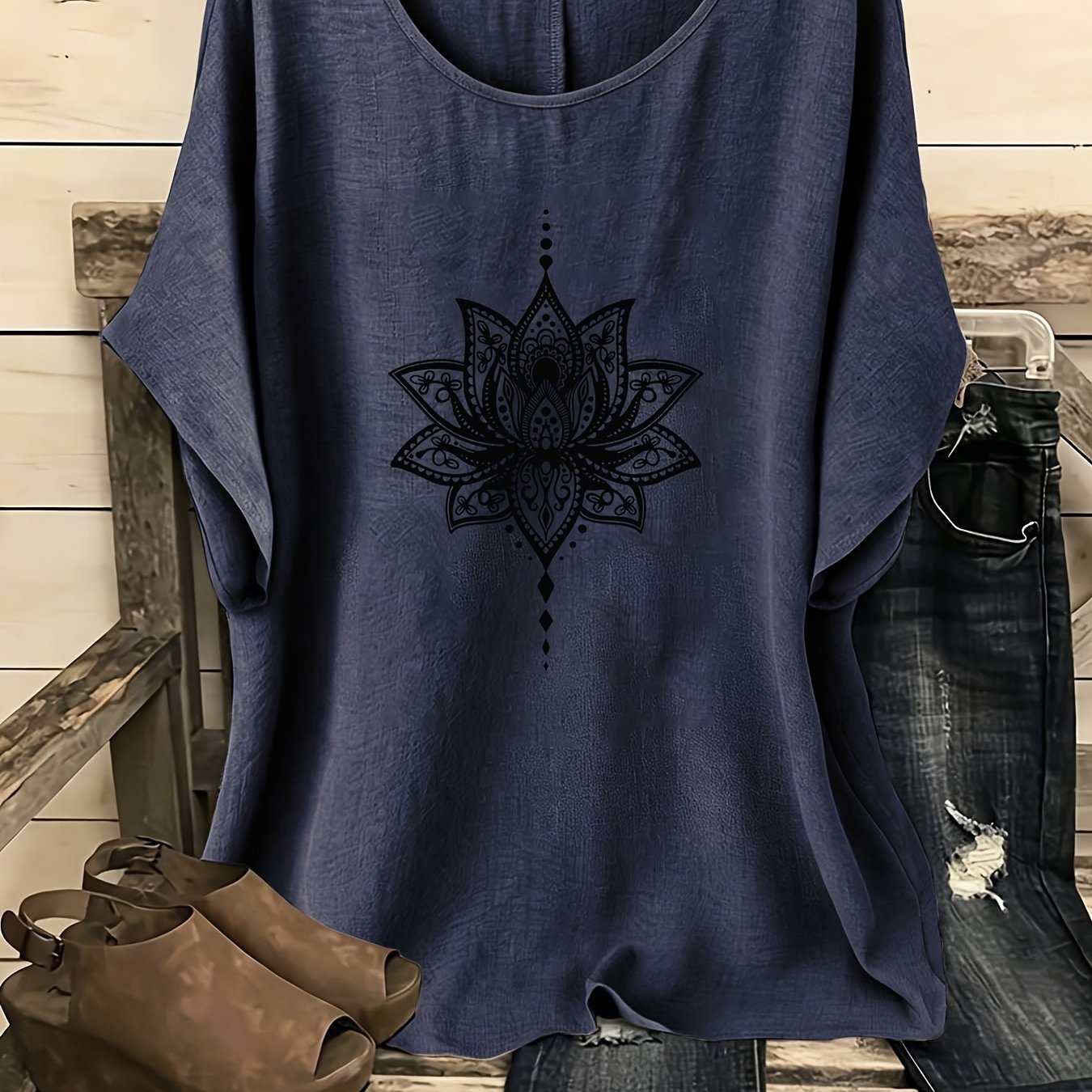 TEMU European And American Women' Bohemian Style Vintage Round Neck Short Sleeve Shirt, 1pc Women's Shirt, Vintage Women's Clothing, Women's Shirt,