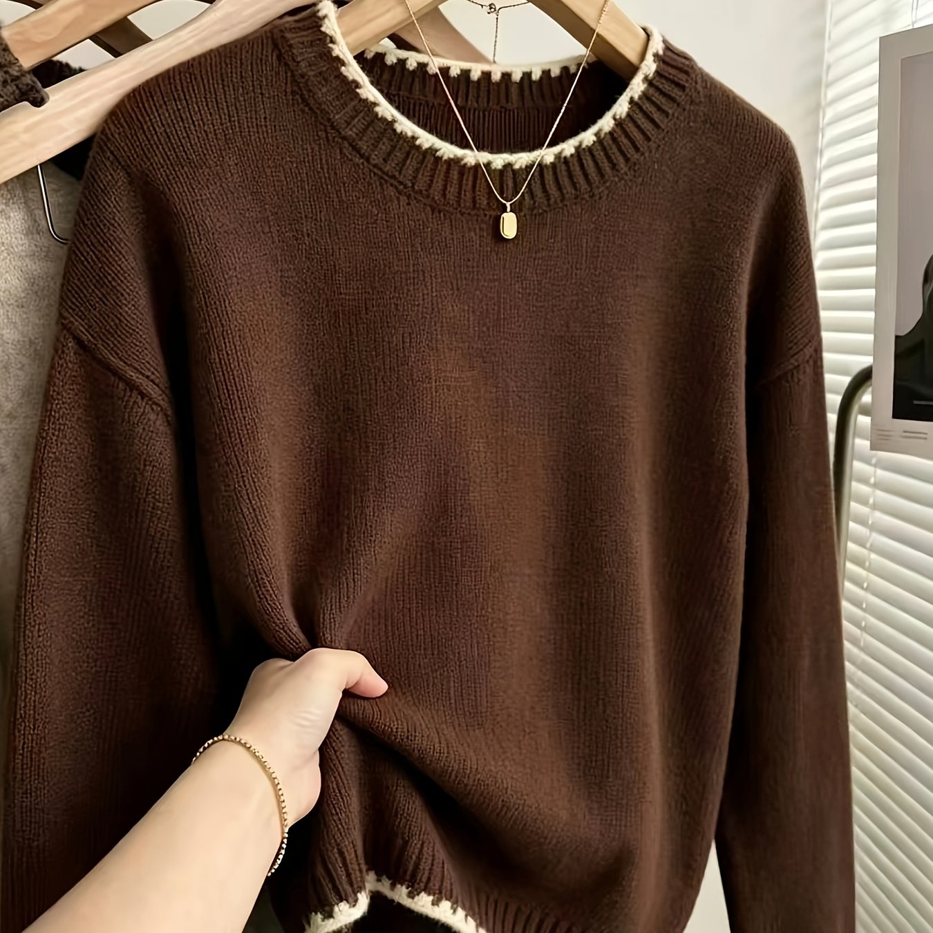 TEMU Pull vintage à dentelle café pour femme - Pull doux ample à épaules tombantes pour la automne/hiver, haut de base à col rond, style pour tenues