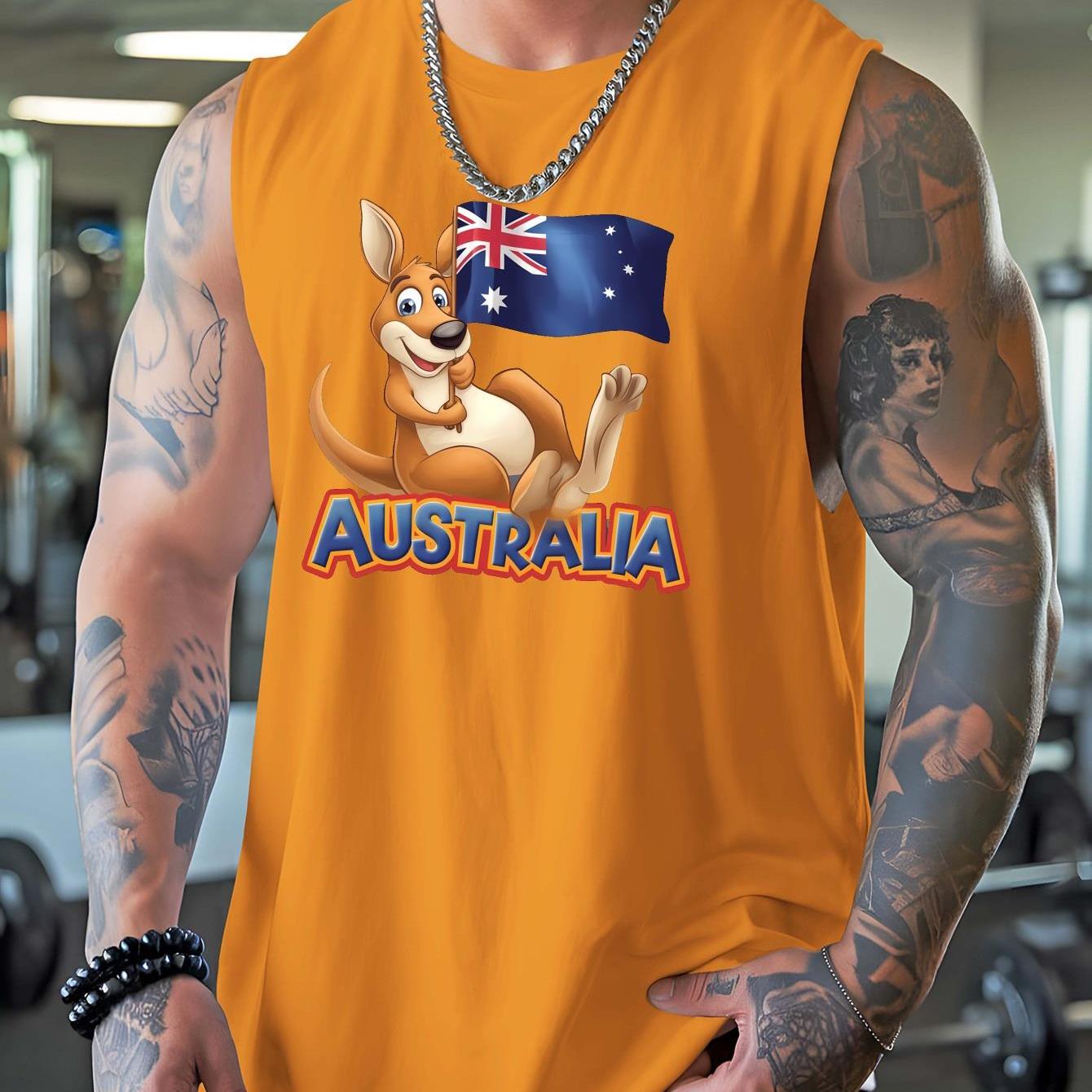 TEMU Printed Design - Not Textured Men's Casual Tank Top With Orange Kangaroo And Australian Flag Print For Fitness, Sports, Summer, Beach, And Daily
