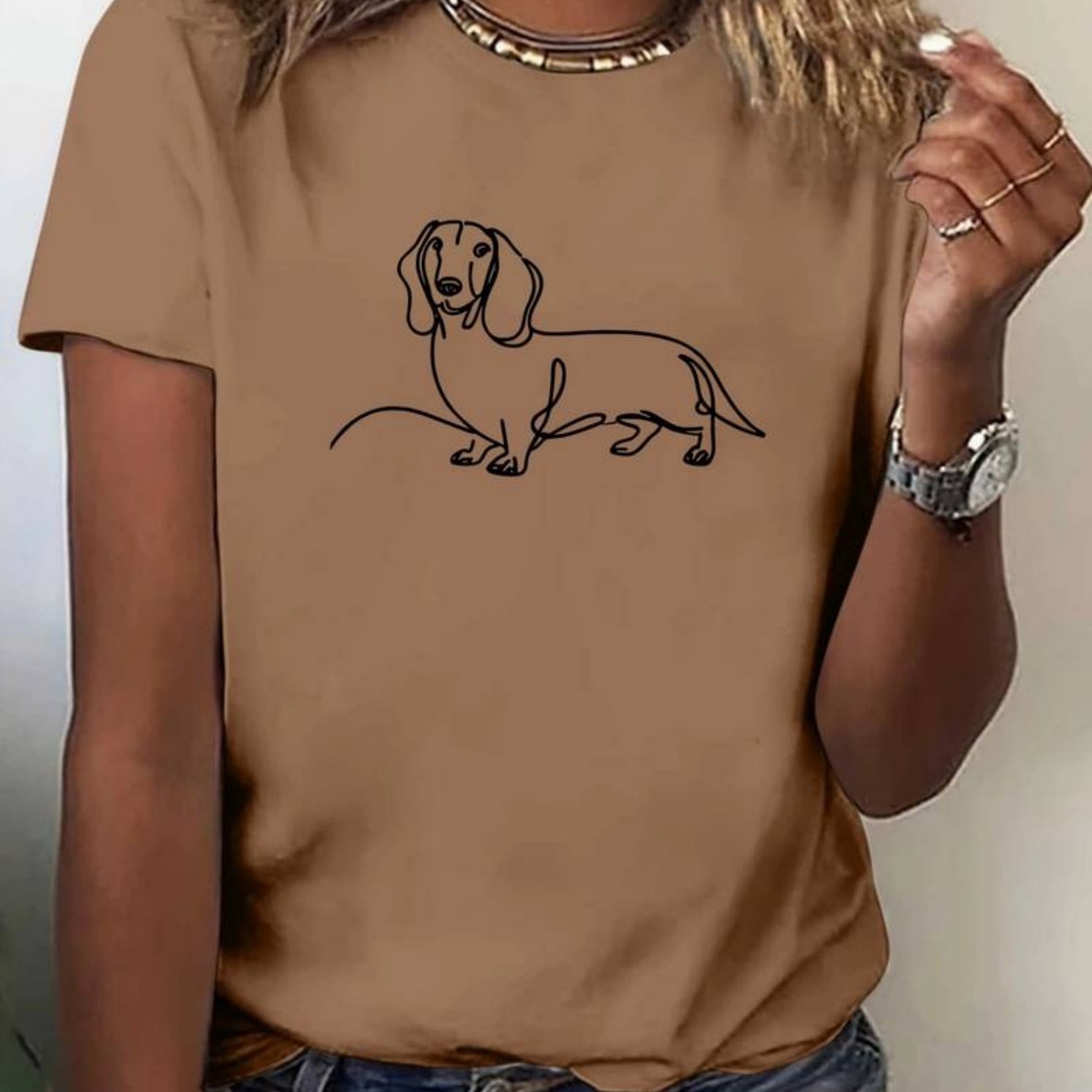 TEMU Women's Dachshund Print T-shirt - Cute Dachshund Graphic Crew Neck Short Sleeve Loose Fit Casual Wear, Comfortable For , Black With White