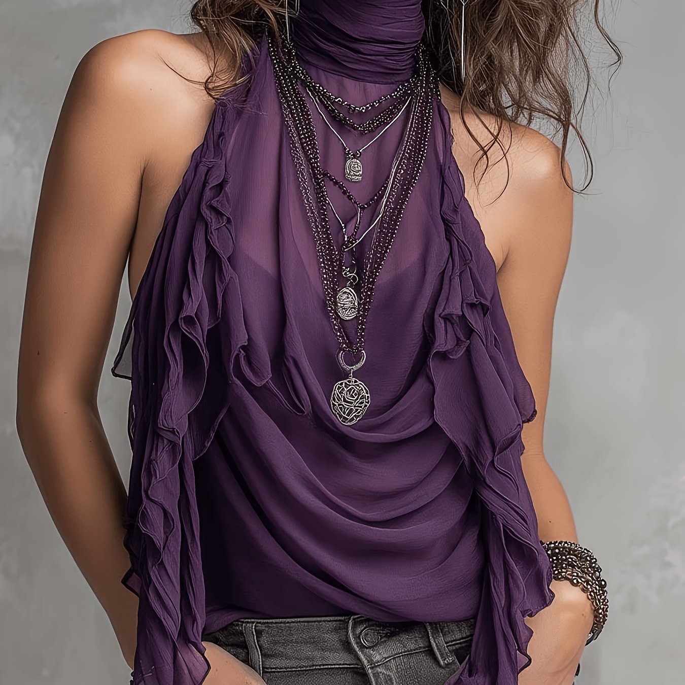 TEMU Women's Halter Neck Sleeveless Chiffon Blouse With Ruched Detail, Flowy Draped Top