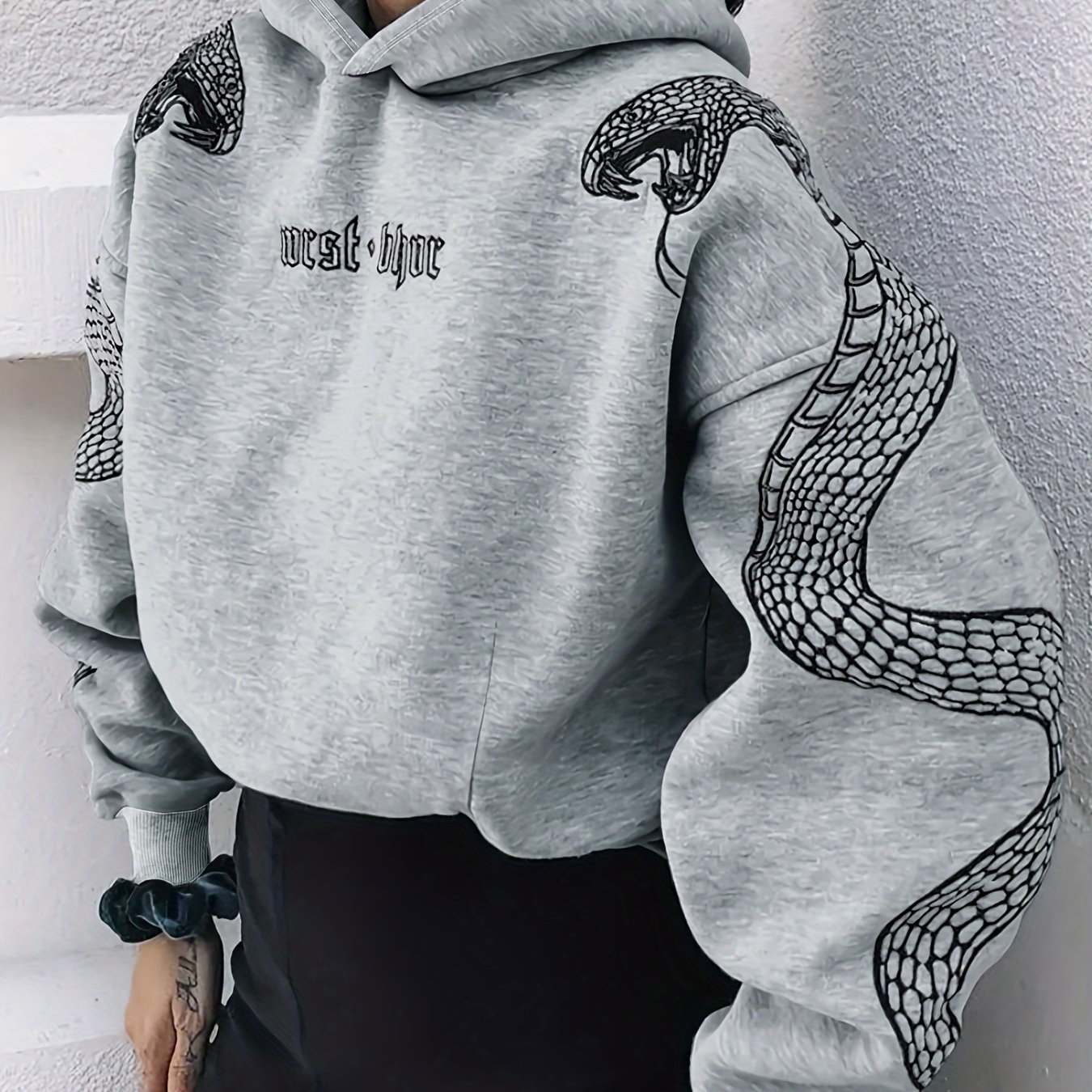 Image of Y2k Street Snake Letter Print Fashion Hooded Sweatshirt For Autumn/winter