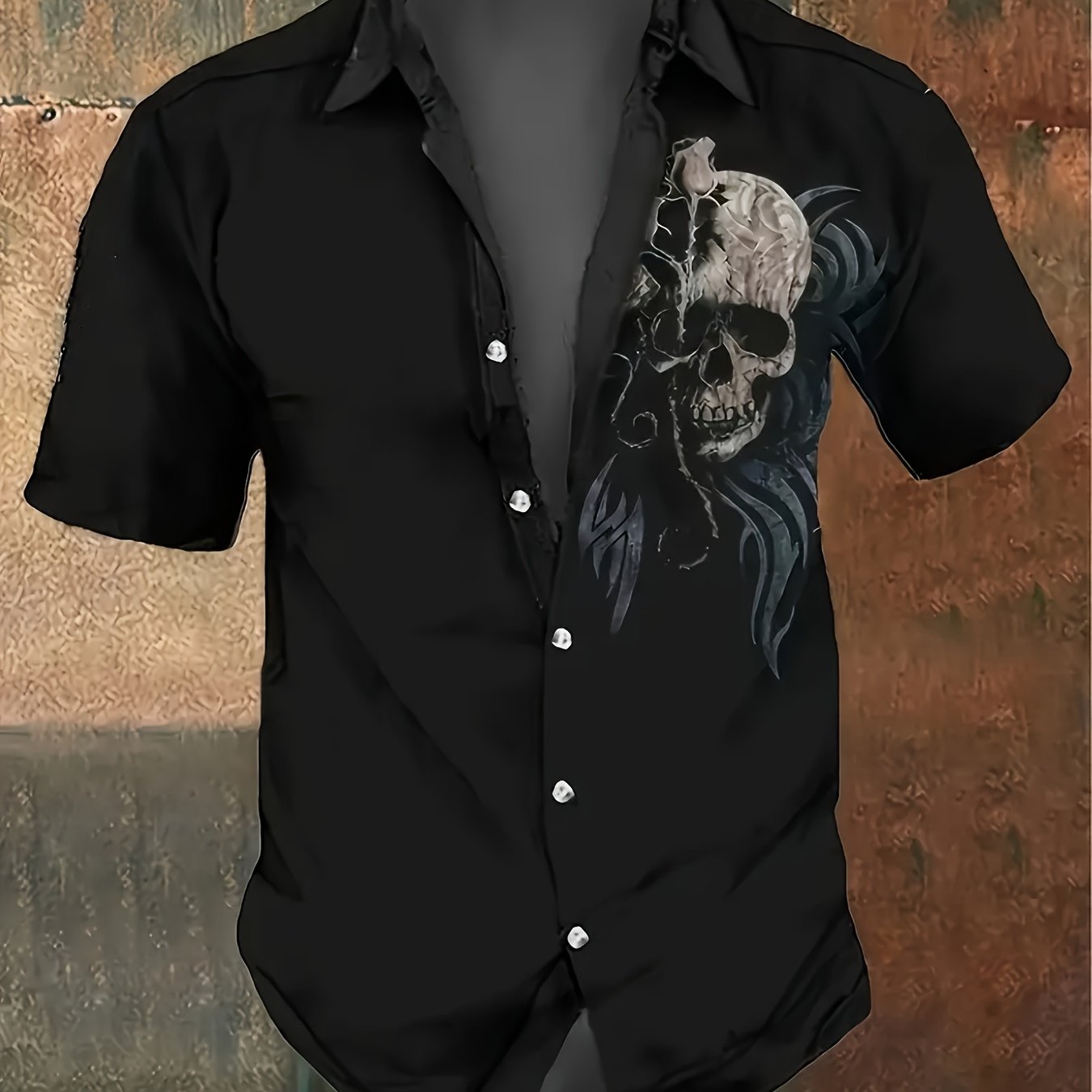 Men's Casual Skull And Cross Print Shirt - Short Sleeved, , Suitable Polyester For Summer Parties And Casual Wear