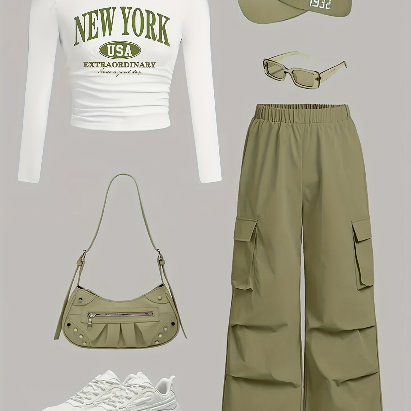 TEMU 2025 New In Elegant Style: Women'-color Crew-neck Long-sleeve Printed T-shirt And Cargo Pants Set, Suitable For Wearing All Year Round.(not