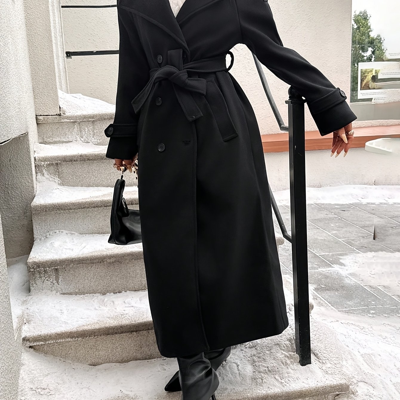 TEMU Elegante besondere Damen-Reversjacke, zweireihig, taillierend mit Bindegürtel, langärmelig, Herbst/Winter-Oberbekleidung, geeignet für den
