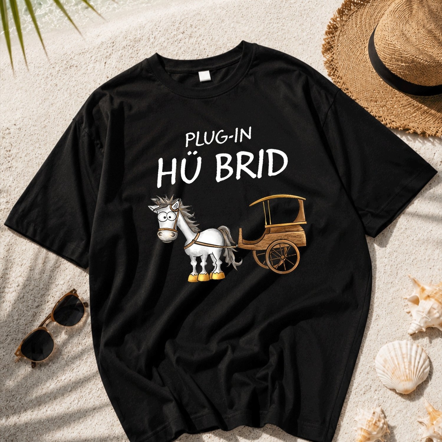 Image of Funny Hybrid Plug-in Car Horse Word Game Hu Brid T-shirt Black Y2k Oversized Unisex T-shirt For Men Women Streetwear For Beach Photography And Holiday