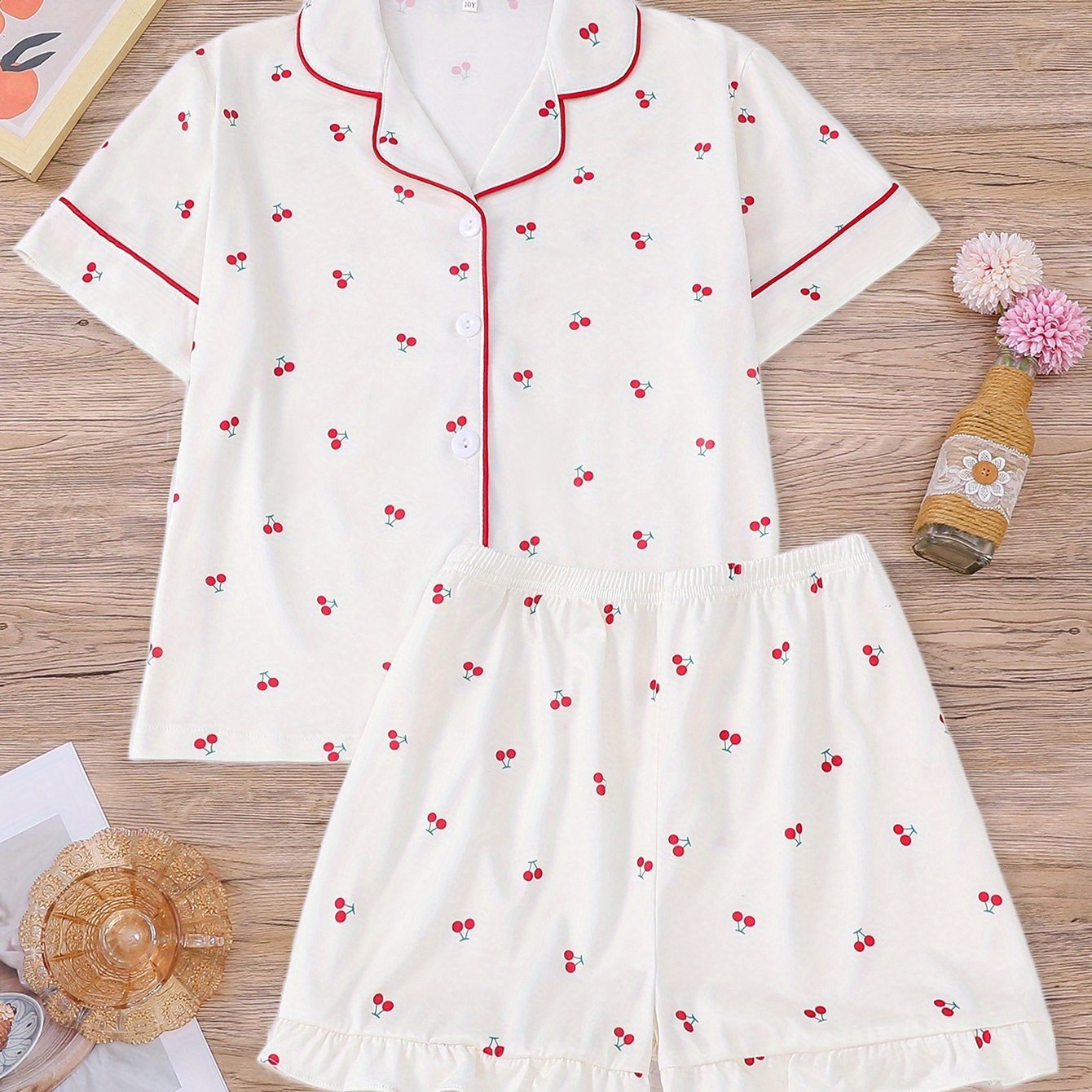 Image of Tanyun ' Cartoon Pajamas Floral Wear Small Cherry Print Worn Outside Turn Collar Cardigan Medium Large Girls' Sleepwear Thin
