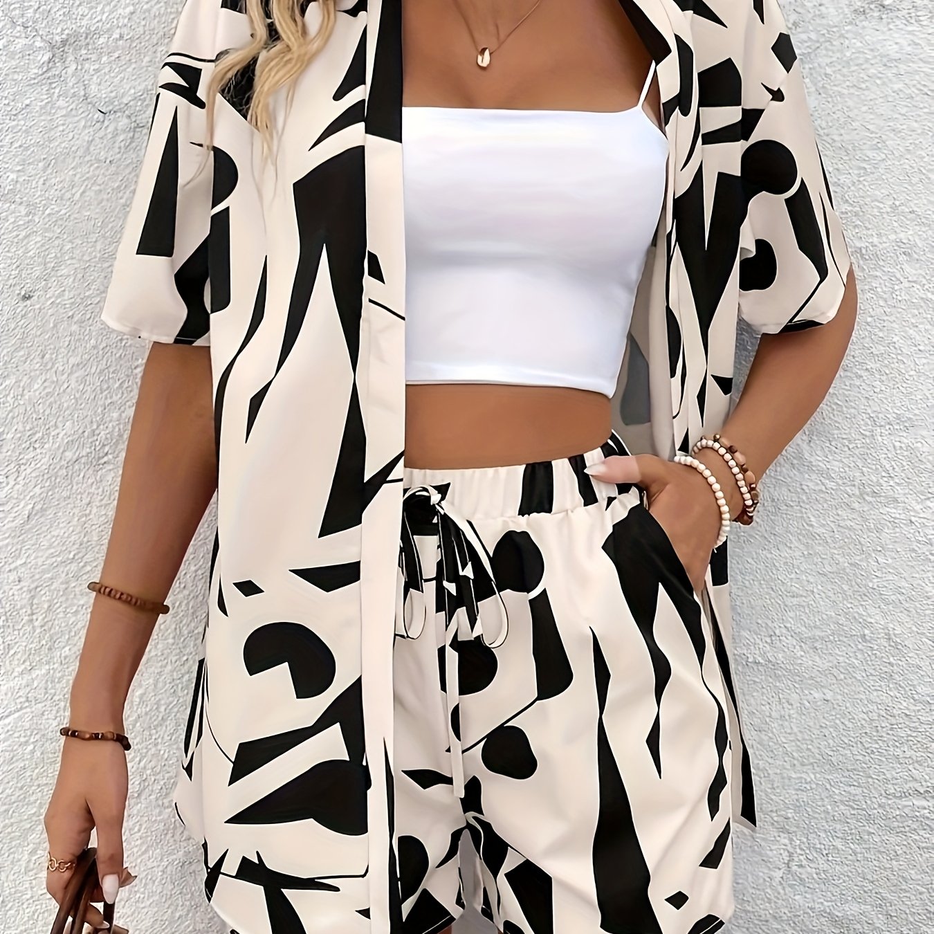 TEMU Vacation-style Geometric Print Short Set, Featuring -open Short-sleeve Tunic And A Drawstring Loose-fit Shorts, Suitable For Spring And Summer,