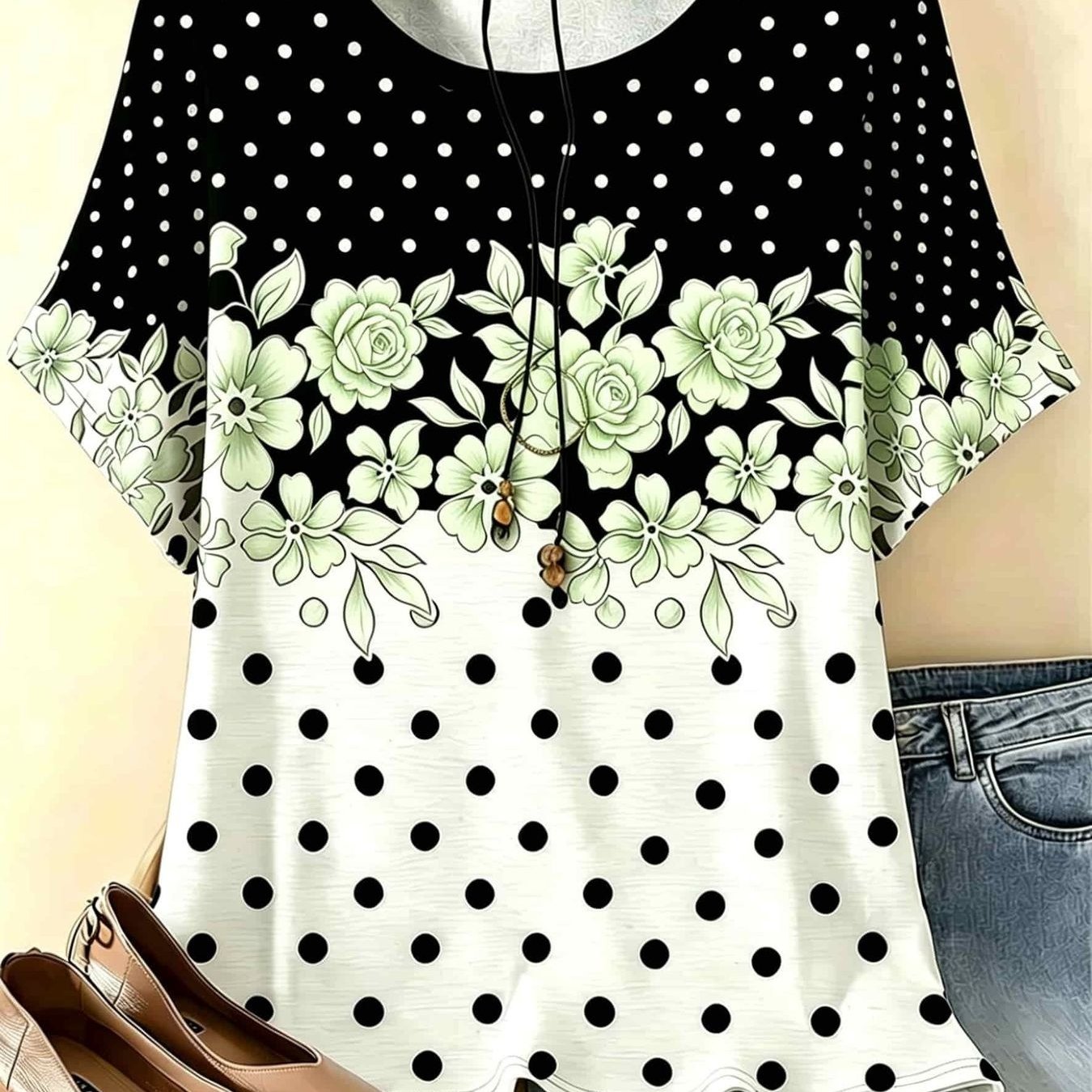 Plus Size Women'-tone Polka Dot Top, Featuring An Asymmetrical Keyhole Neckline And Short Bell Sleeves - Round-neck Summer Cover-up, Suitable For City Strolls, , And Casual And Formal Outfits