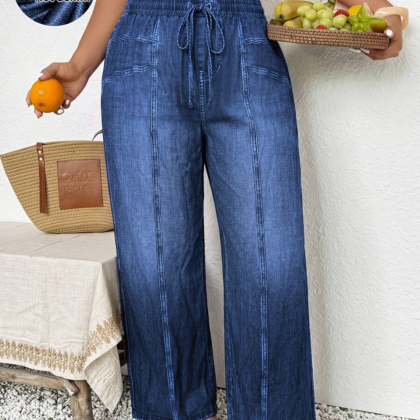 TEMU [printed Pants - Not Denim Fabric]plus Size - [printed Pants - Not Denim Fabric]plus Size - Printed Design -denim Print Plus-size Wide-leg Pants
