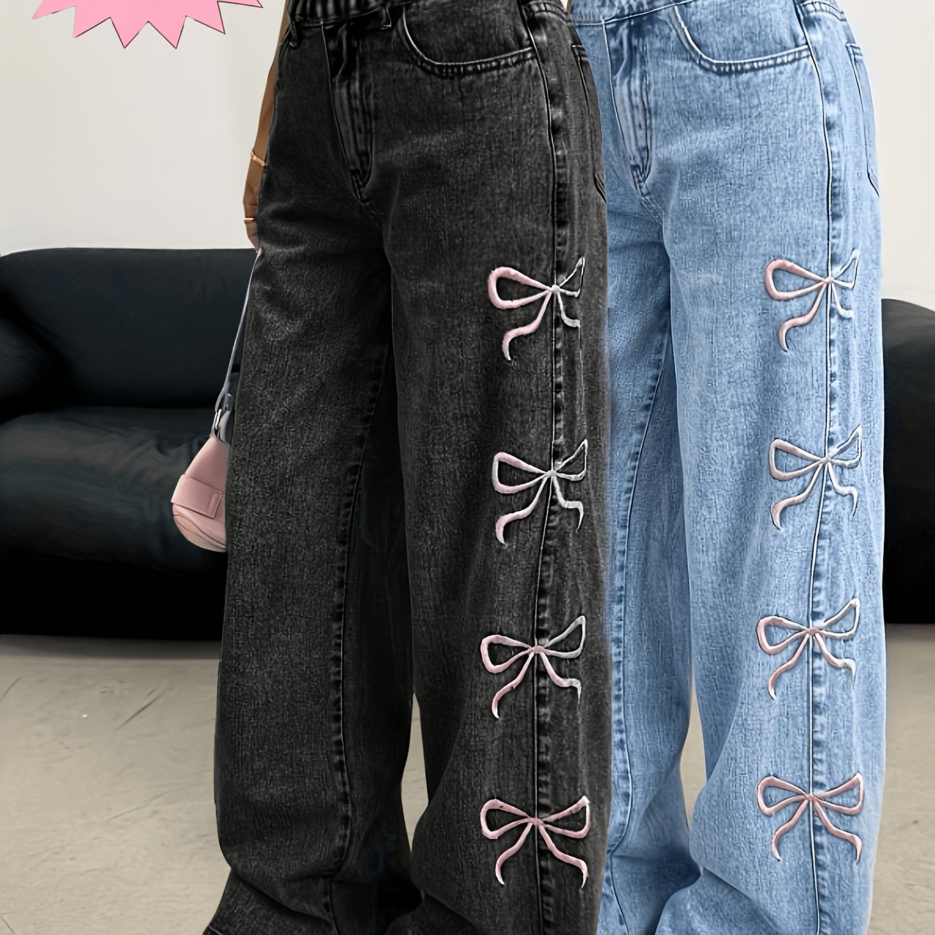 Image of 2pcs Set, Y2k Teen Girl Denim Jeans, Pink Bow Embroidery Trendy Girly Loose Straight-leg Denim Pants, Elastic Waist Comfortable Daily Breathable Fabric, Fashionable For Occasions, Wear