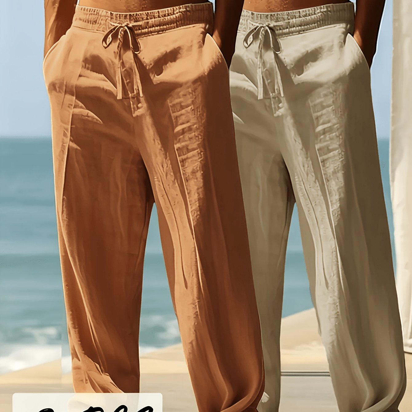 TEMU 2pcs Men's Thickened Linen Pants - 95% Linen 5% Polyester, Loose Fit, With Elastic Waist And Leg Opening Design | Breathable And Warm Casual
