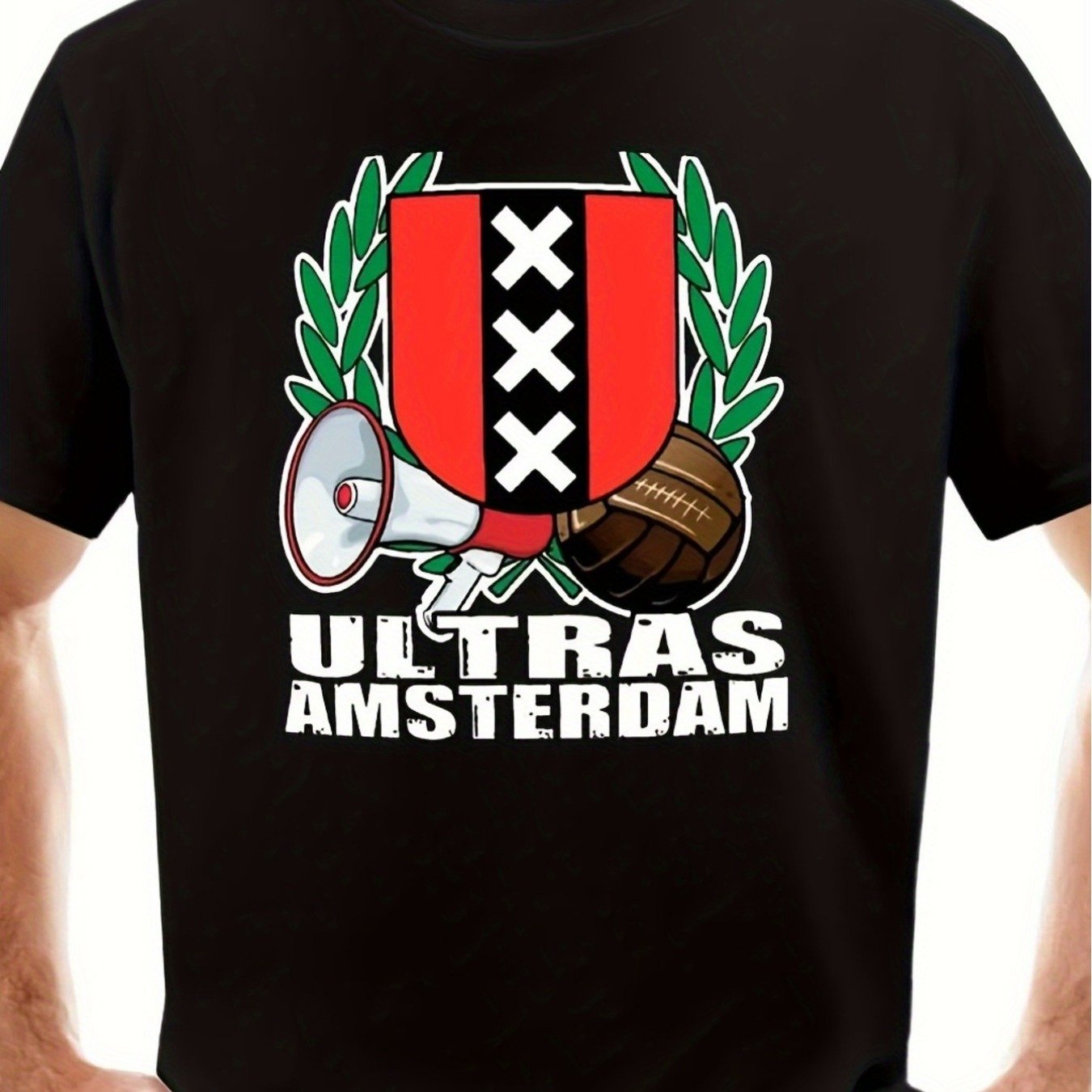 Image of Ultras Amsterdam Men's Heavyweight 220gsm T-shirt - Dutch Ultras Fan Group Logo & Chant Charts - Casual Soccer Outfit, Fan Apparel For Games & Casual Attire - Pure Cotton Short Sleeve Tee (black)