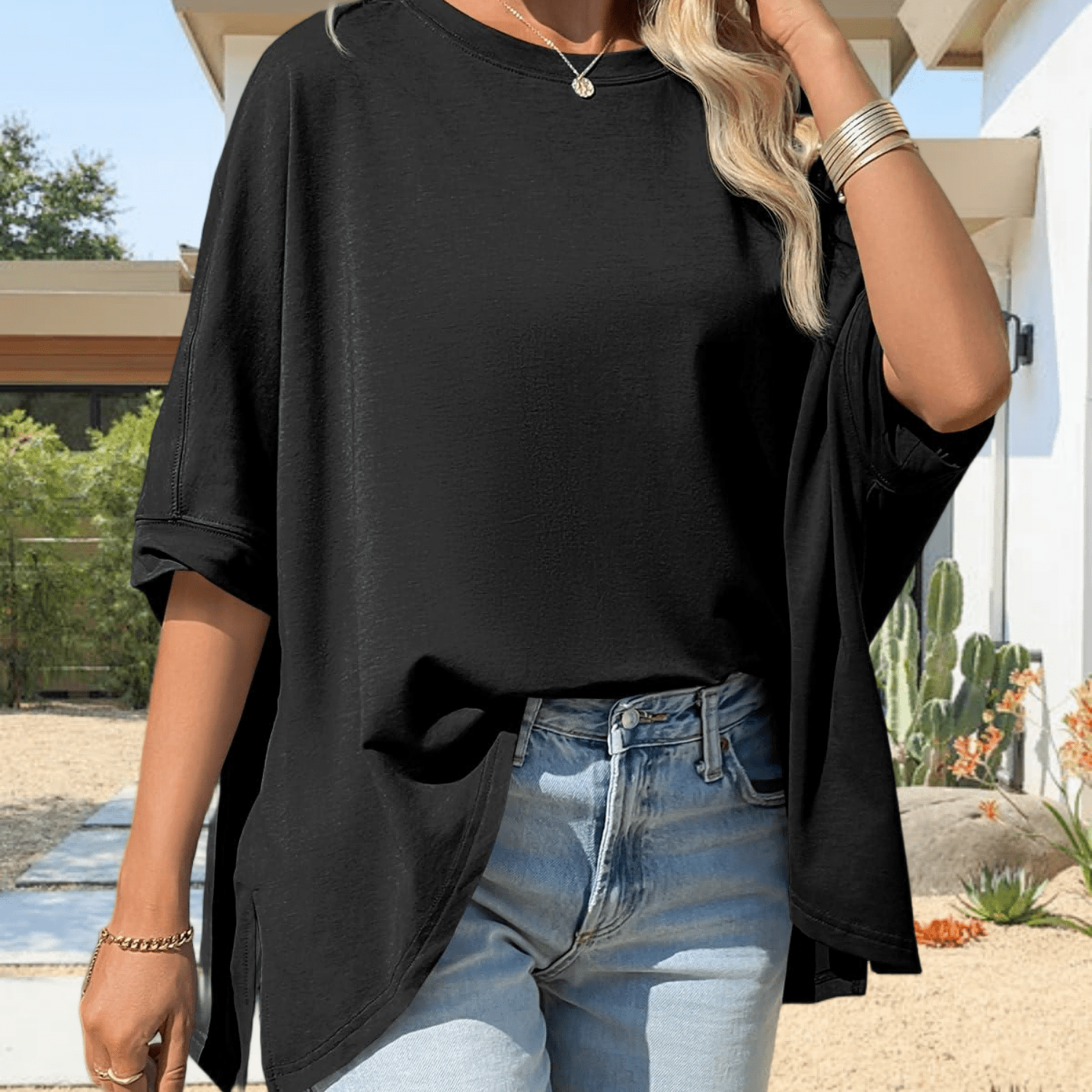 Image of Women's Oversized Batwing Short Sleeve Tunic Tee - Loose Casual Round Neck Blouse-compatible Top With Asymmetric Hem, Machine Washable Spring Summer Tunic Shirt Suitable For Layering & Casual Attire