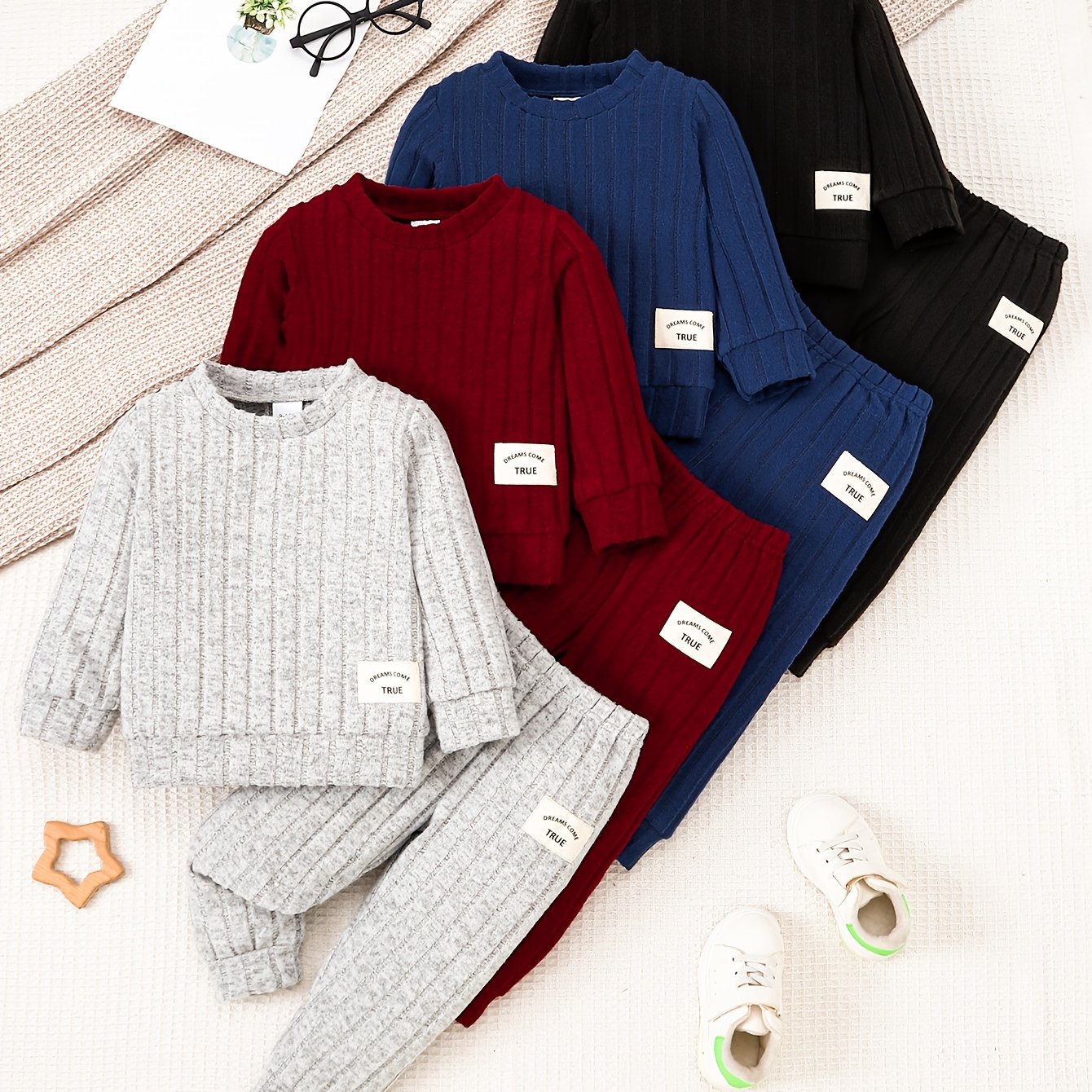 Image of Spring And Autumn Round Neck Long-sleeved Ribbed Top And Pants 8pcs Set For Baby Boys, For Outdoor