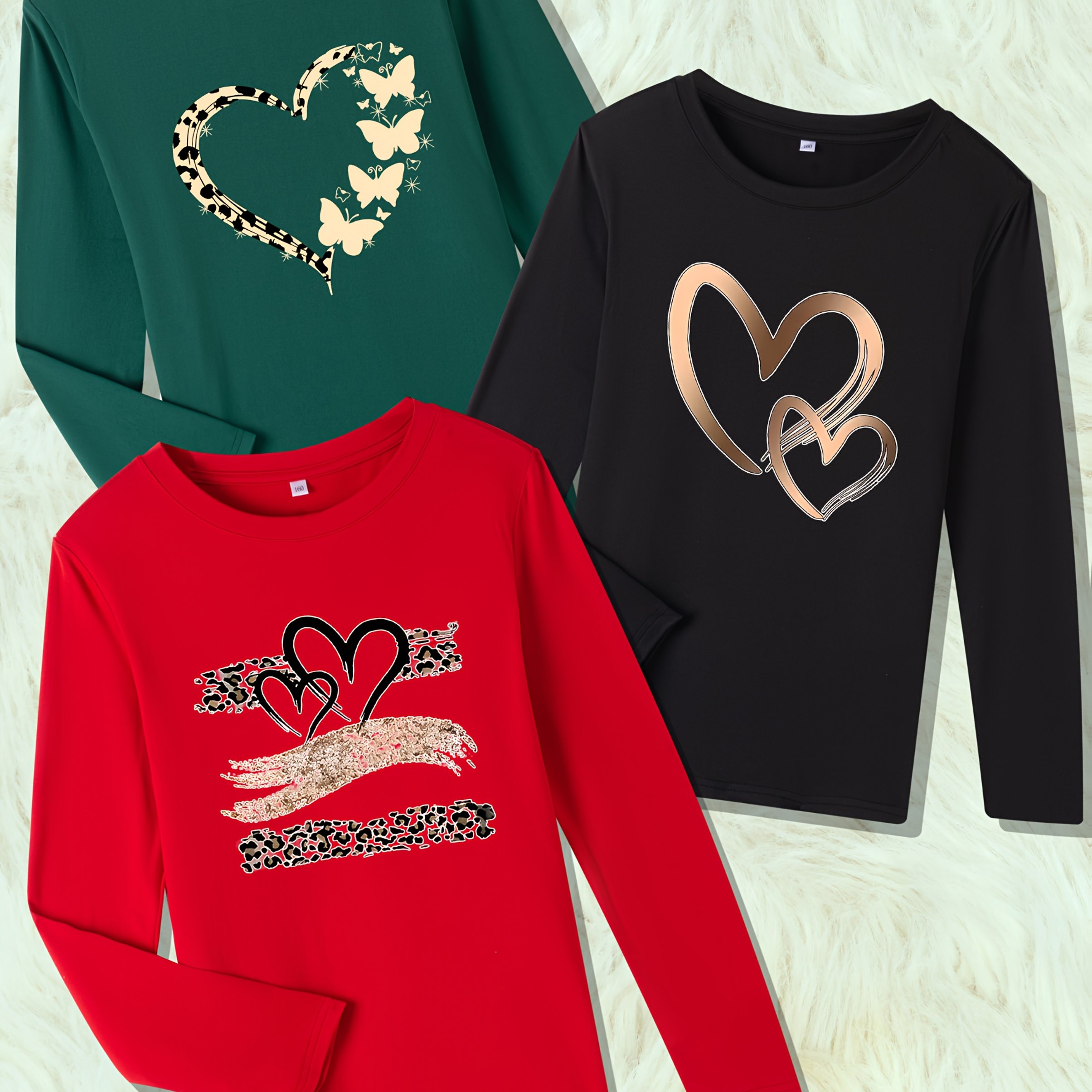 E-shop [Mehrteiliges Set] 3-teiliges Combo, Unisex Kindermode Lässiges Langarm-Basis-T-Shirt, Herz-Muster Trendiges Design-Print, Weich Bequem