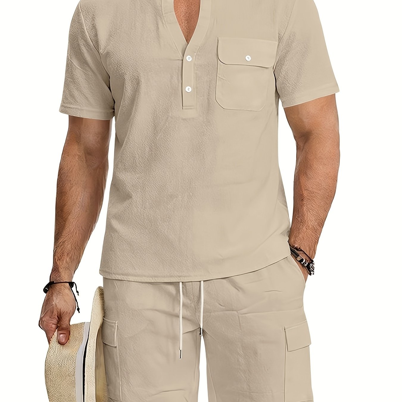 TEMU Premium Men's Linen 2pcs Outfit, Collar Henley Shirt And Cargo Shorts Set, Breathable Loose Fit Casual Wear