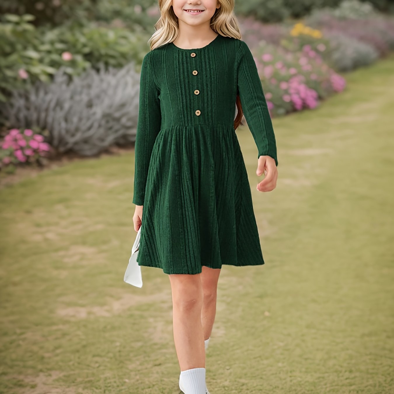 Girls' Knit Ribbed Button Detail A-line Long Sleeve Dress, Ages 7-14, Perfect For Casual Daily And Festive Wear, Ideal Birthday Gift