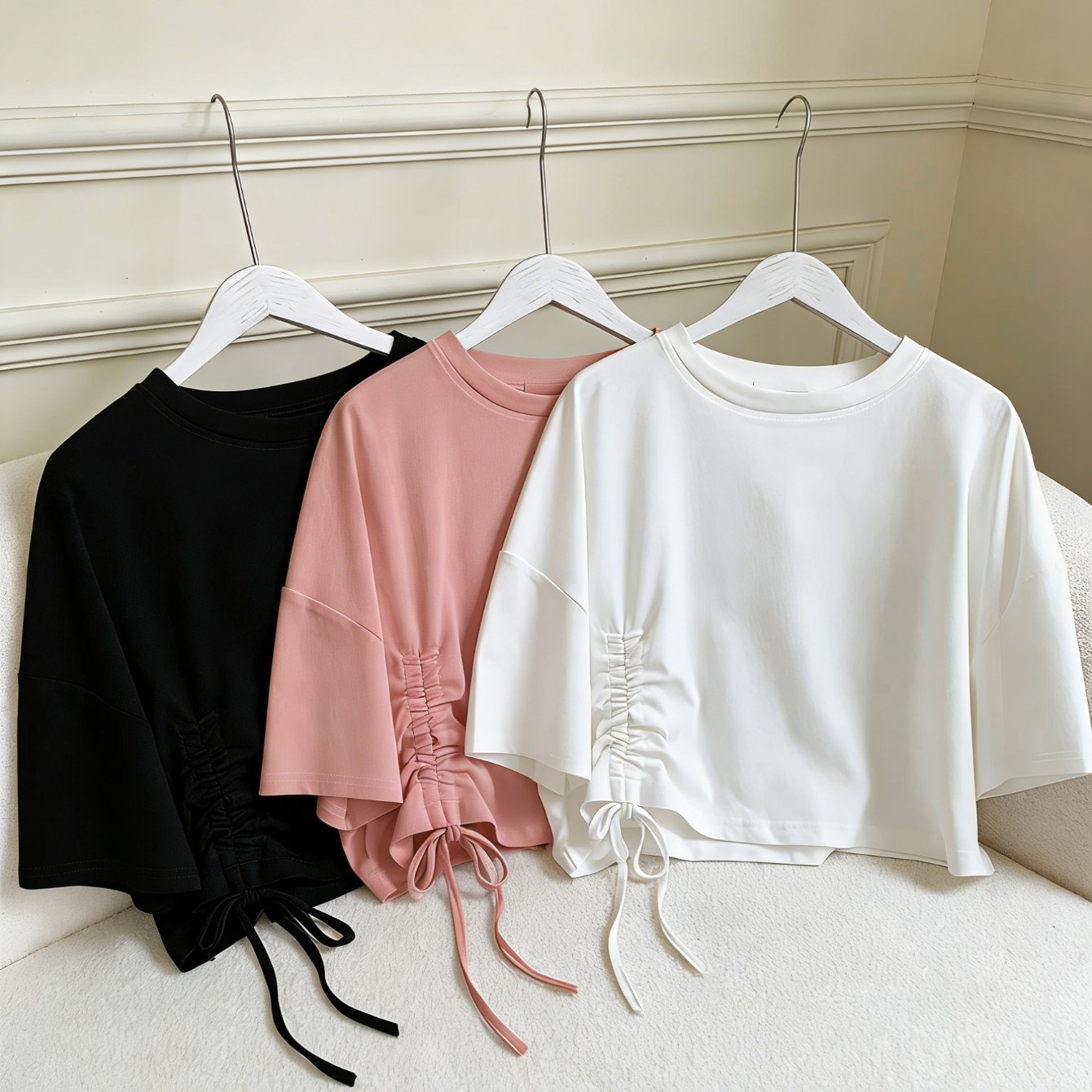 TEMU Conjunto de 3 camisetas casuales de manga corta para mujer Y - superior cómoda y con elástico con cordón en el dobladillo y diseño de cintura