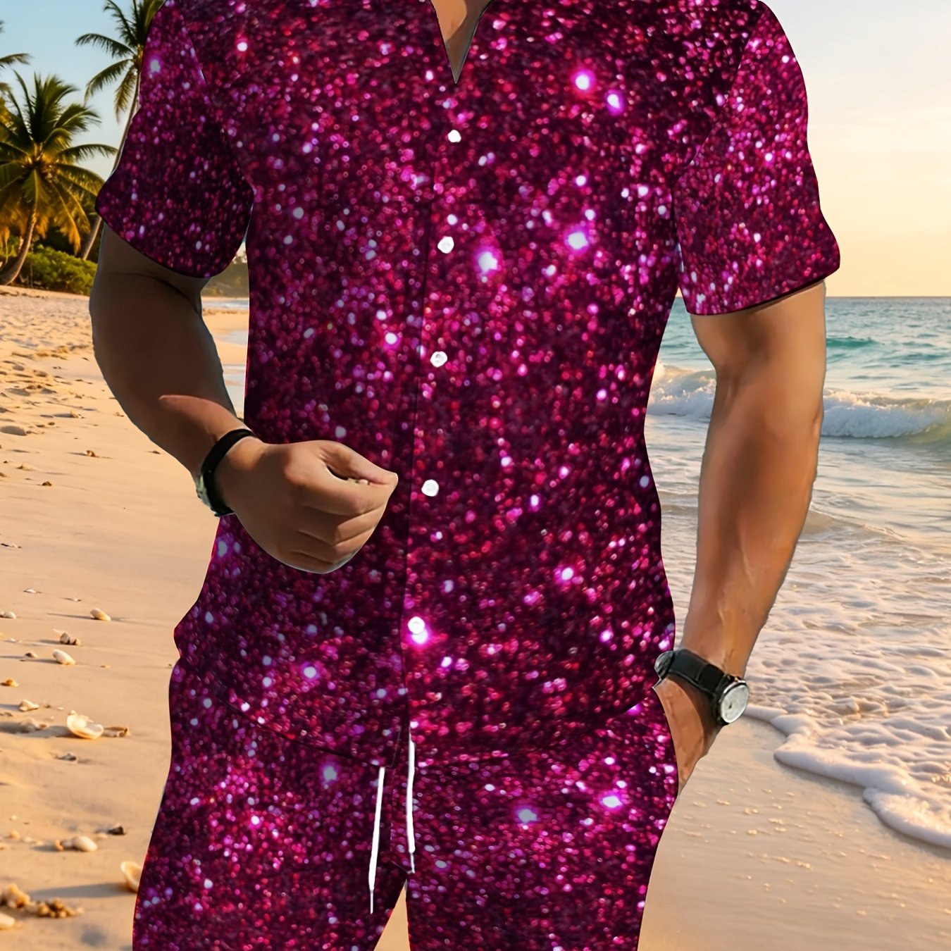 TEMU [printed Design Not Textured]men's Casual Sport Suit Set Polyester Print Lightweight Comfortable For Home Wr Outdoor Activities