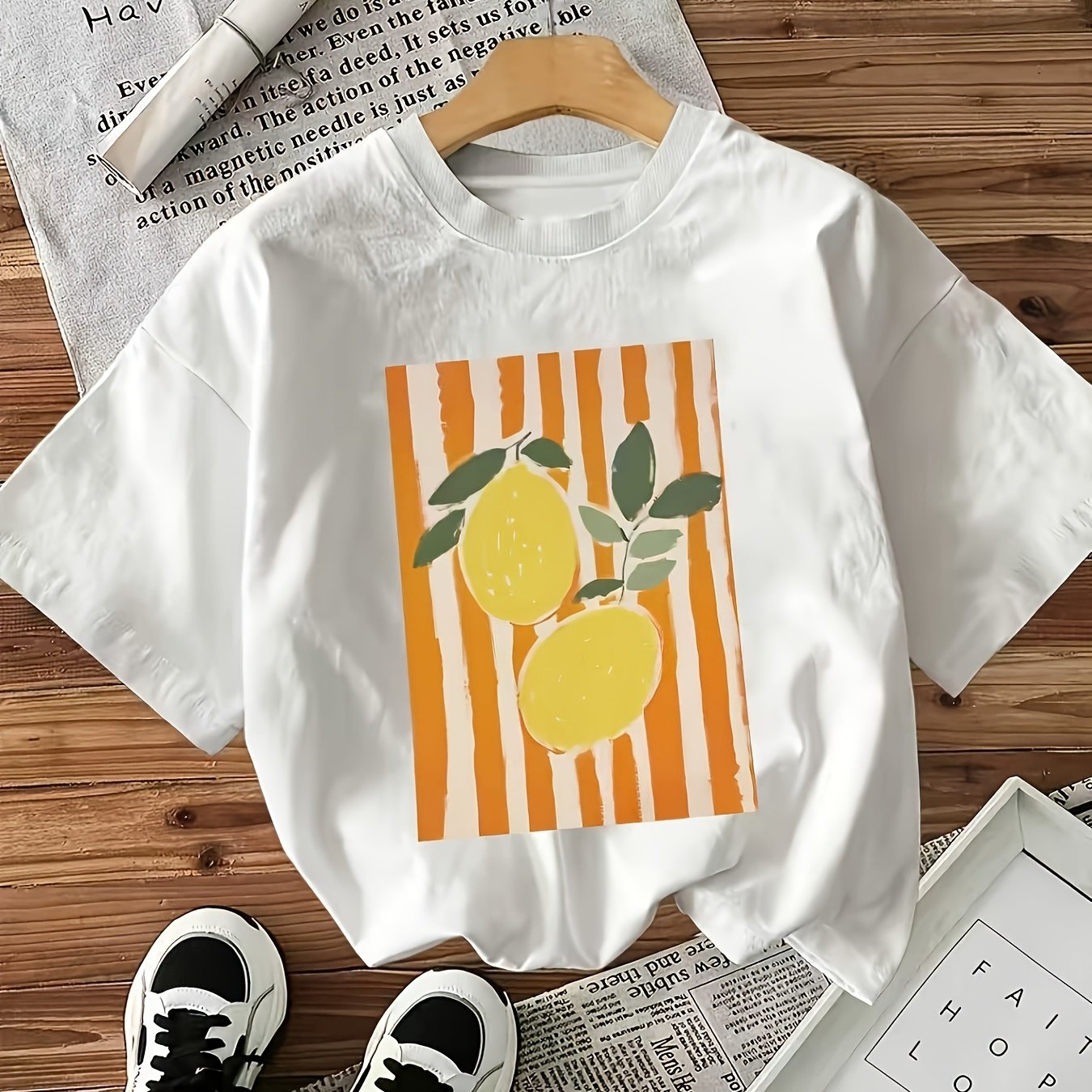TEMU Women's Lemon Print Round Neck T-shirt - Semi-sheer Short Sleeve Blouse-compatible Top | Machine Washable Casual Sporty Shirt Suitable For