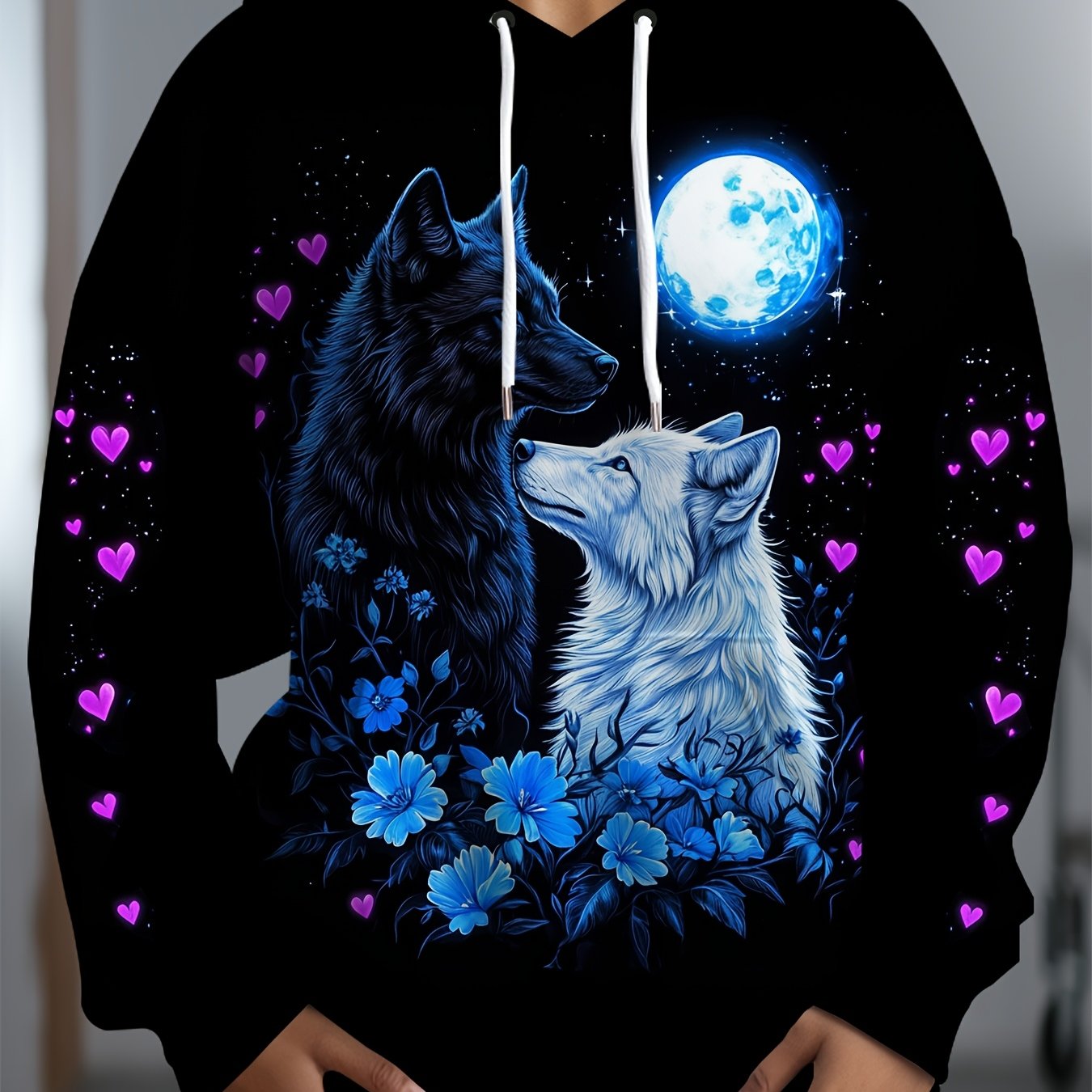 TEMU Plus Size - Plus Size - Women's Plus Size Elegant Black And White Wolf Print Hoodie - Machine Washable, Slightly Stretchy Fabric, Print Design,