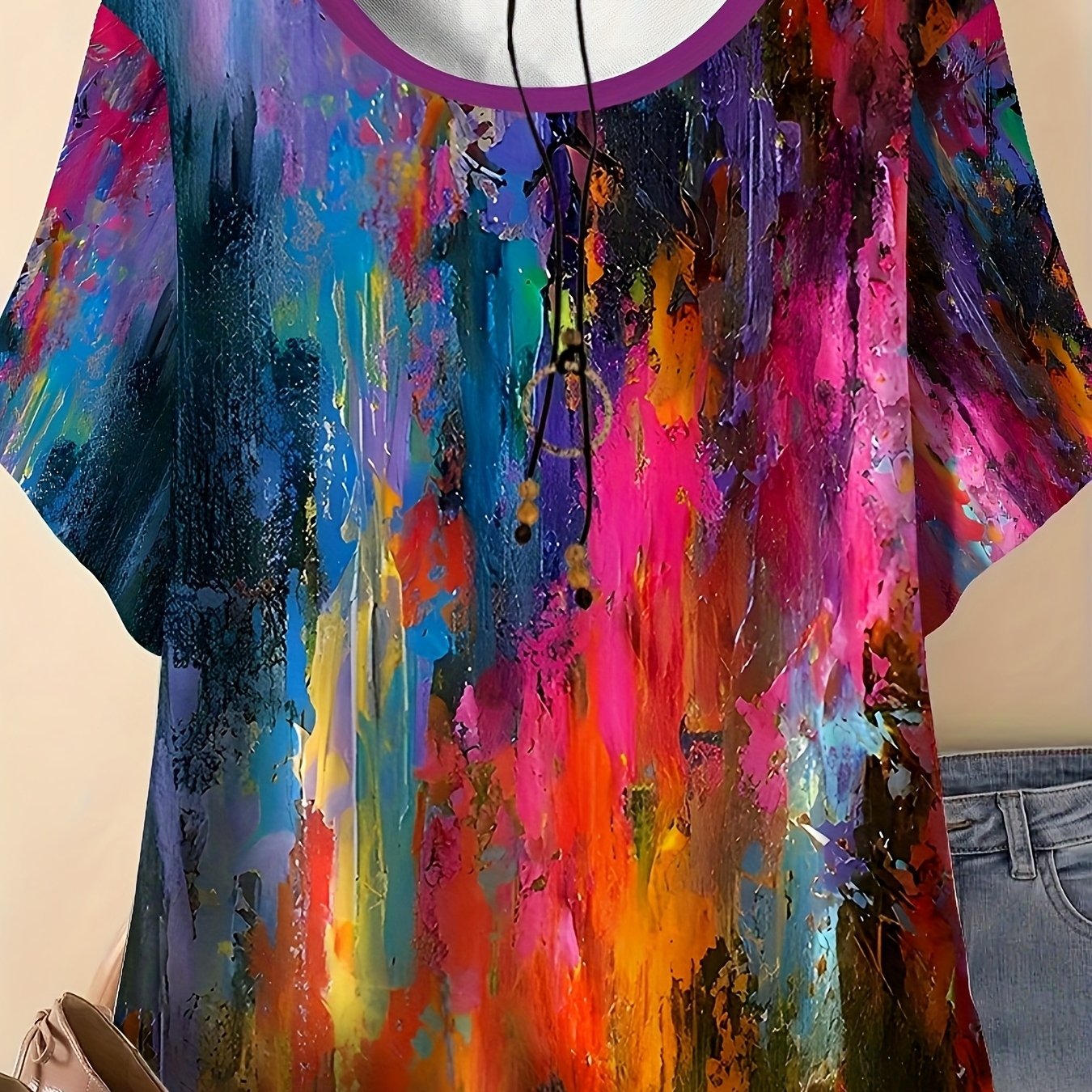 Plus Size - Plus Size - Plus Size Casual Vacation Comfortable Elegant Gradient Graffiti Element Print Pattern Women's Round Neck Short Sleeve T-shirt