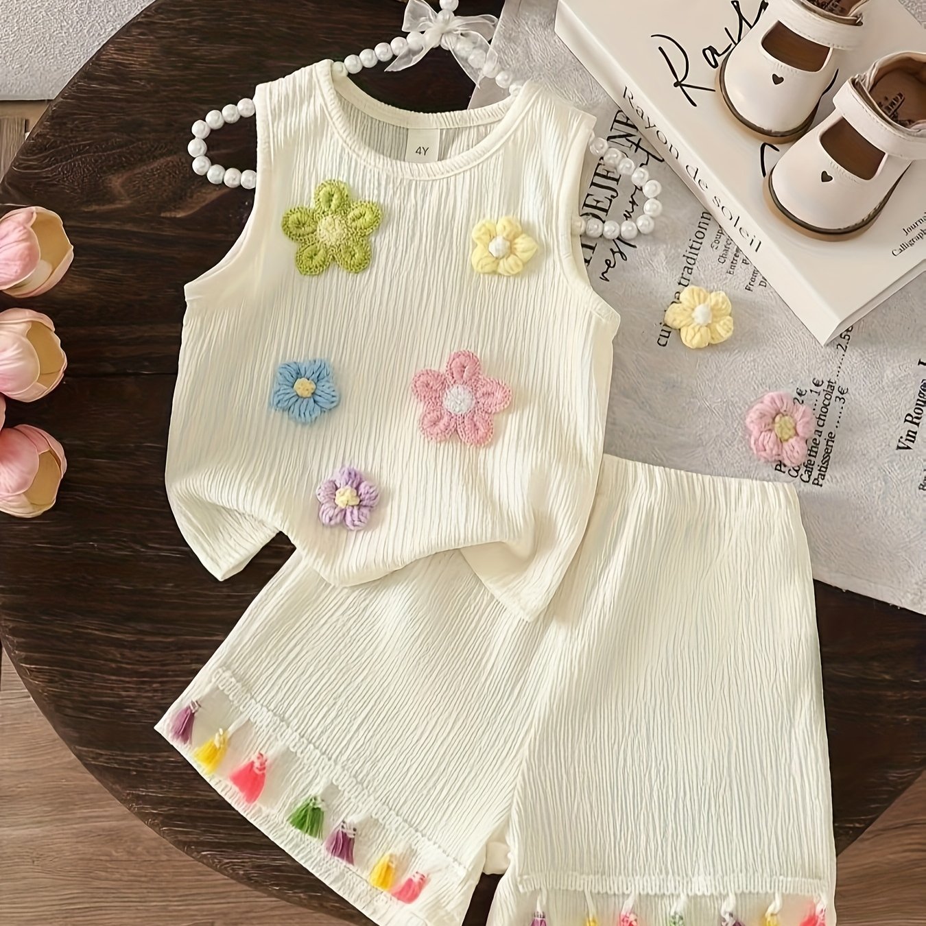 Image of Cute Casual 3d Flower Sleeveless Top And Tassel Shorts Two-piece Set P101631, For Outdoor