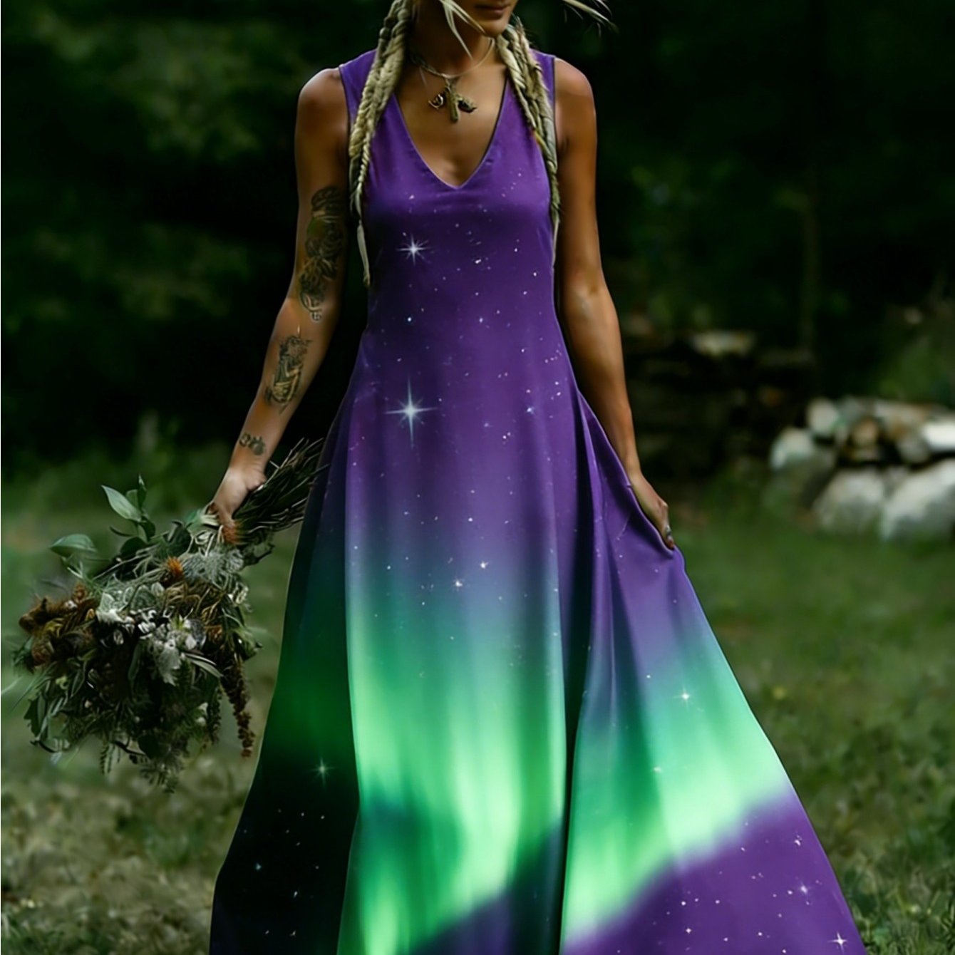 Dress - V-neck Sleeveless -line Maxi Dress With Full Print, Pendulum Hem Suitable For Wedding Guest Dresses, Themed Outfits, Outdoor Vacations, Aurora Dress