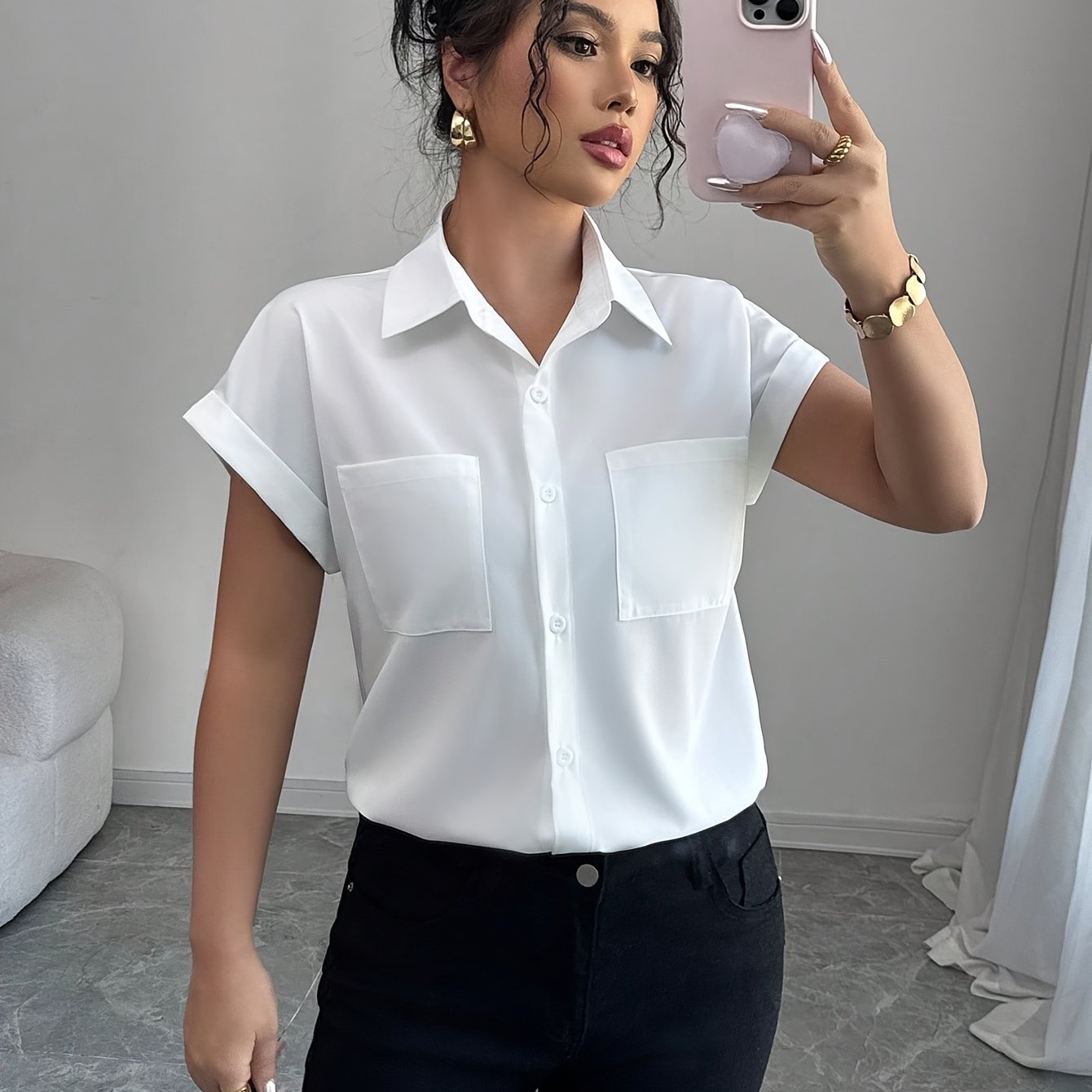 E-shop Neue Damen-Kurzarmbluse in Unifarben, Einfaches Design, Leichte Vintage-Stil Ärmellose Bluse, Ideal für Pendeln, Arbeit Freizeit im Frühling,