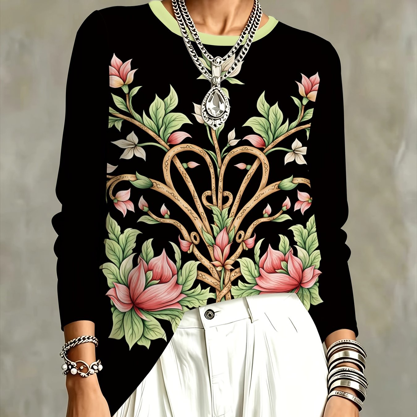 TEMU Women's Retro Floral Printed Long-sleeved Top, Elegant Botanical , Fashionable And Versatile For Everyday And Wear, And Figure-hugging, Suitable
