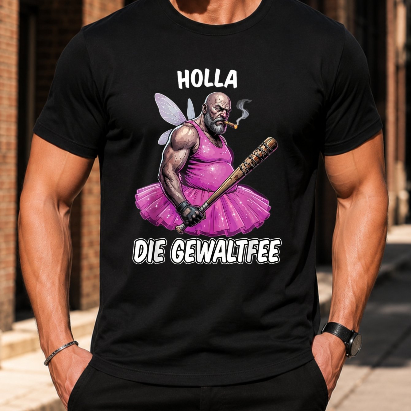 Men's Die Gewaltfee T-shirt - Tough Fairy With Pink Tutu & Bat Graphic, Funny Fantasy Character Print, Casual Round Neck Tee Suitable For Wear, Machine Washable For Themed Events & Everyday Outfits