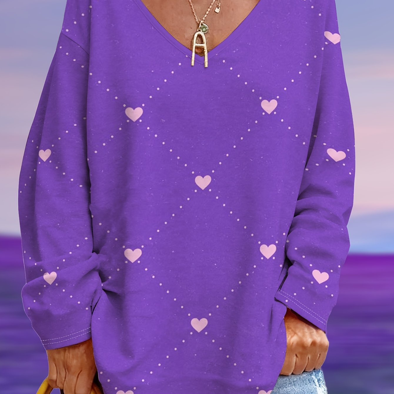 TEMU Plus Size - Plus Size - Plus Size Women's Purple V-neck T-shirt With And Stars | Loose Fit, Figure-flattering, For Spring/fall