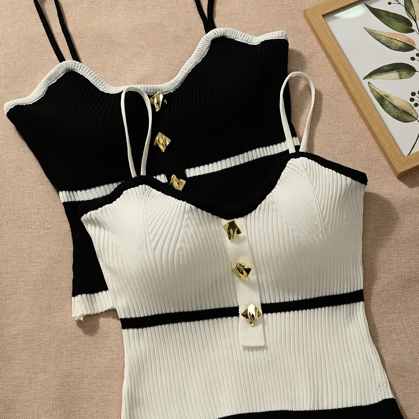 TEMU 【2枚セット】おしゃれな春夏タンクトップ。美しい背中デザイン、フィットニット、最新のショート丈夏トップス。ティーンエイジャー向け。