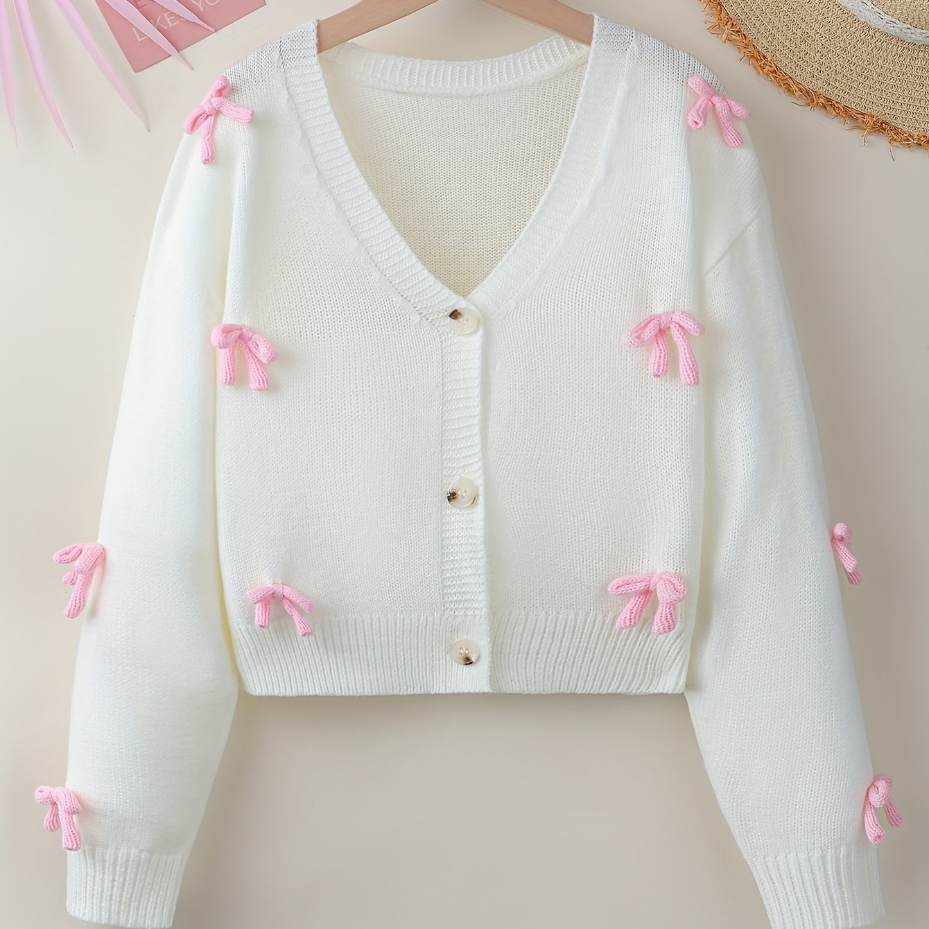 This Year's Latest Fashionable And Soft Cardigan For Girls, Perfect For Children, Is Suitable For Spring, Autumn, And Winter. White V-neck Knitted Cardigan With -dimensional White Bow