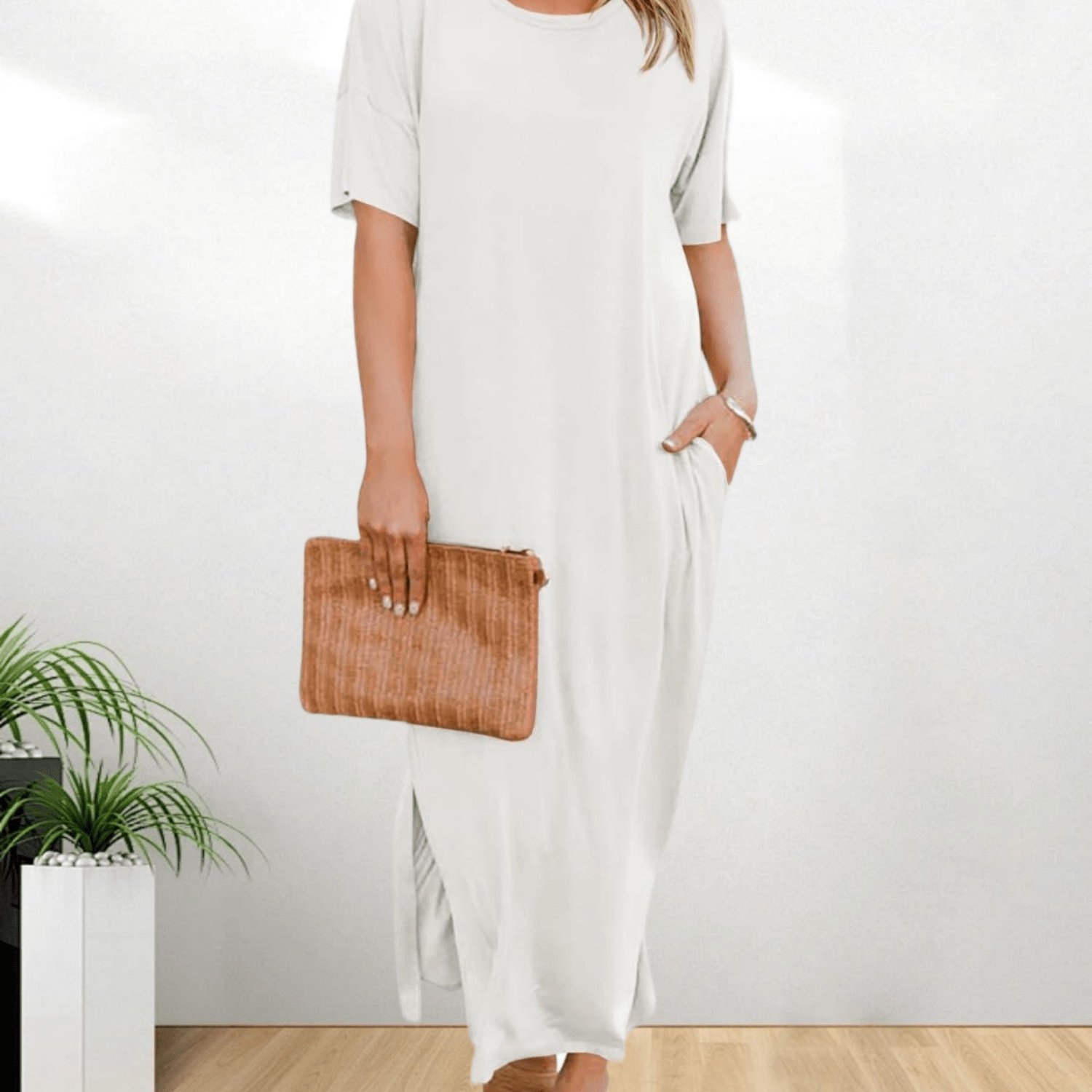 Women's Casual Loose Drop Shoulder Round Neck Midi T-shirt Dress | Pocketed Side Slit, Knotted Detail, Solid Color, Chic Style