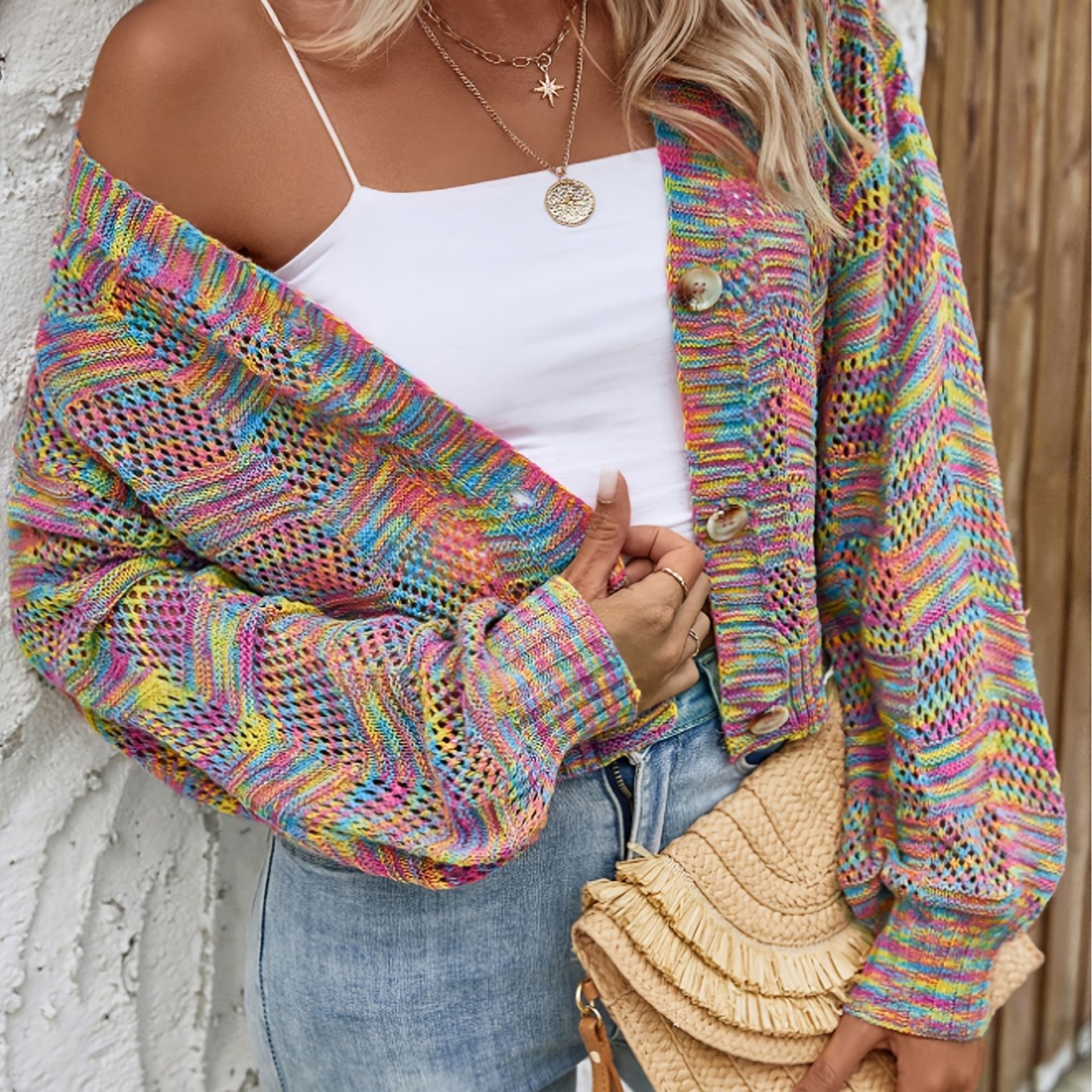 TEMU Contrast Color Tie Dye Full Coverage Button Front Hollow Out Pullover Sweater For Autumn And Winter
