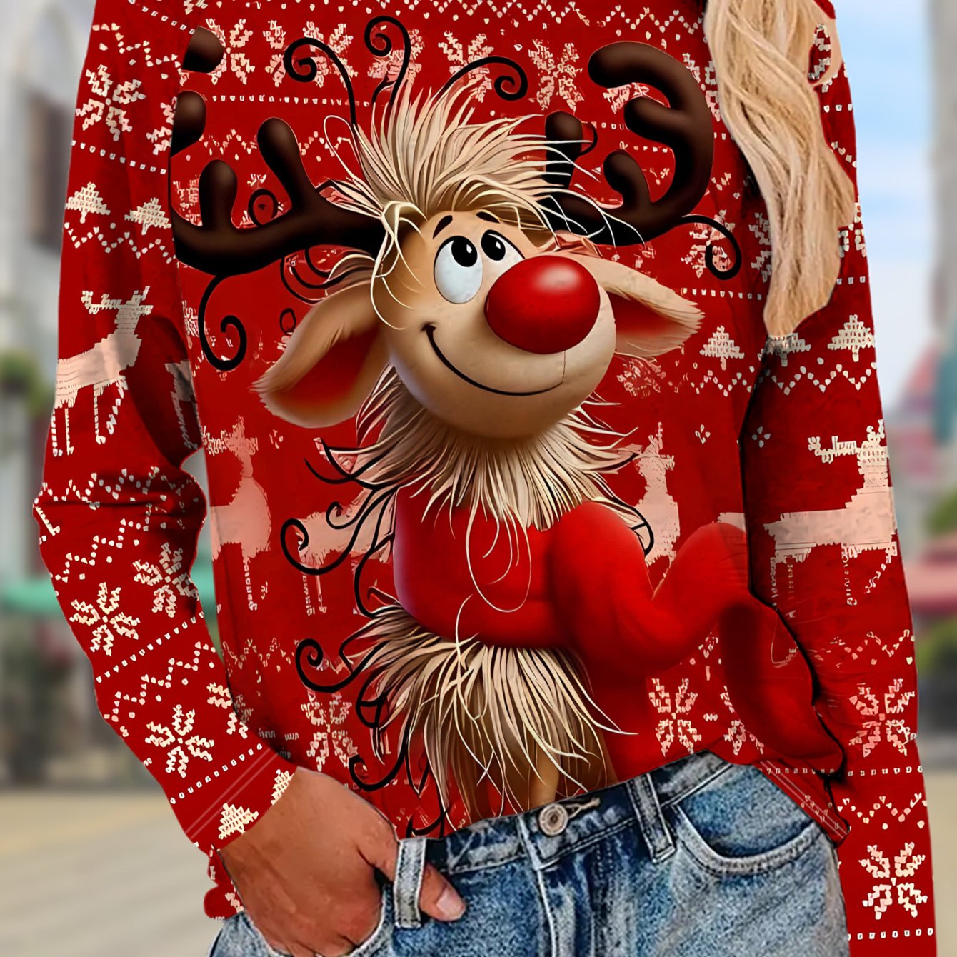 TEMU Women's Full-body Reindeer Print Long Sleeve T-shirt - Christmas Holiday Top With Cute Deer Pattern, Blouse For Layering Or Outerwear, Machine