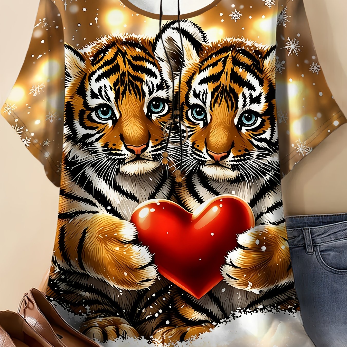 TEMU Summer Women's Plus Size Round Neck T-shirt, Red Heart Snow Scene Cozy Cartoon Print