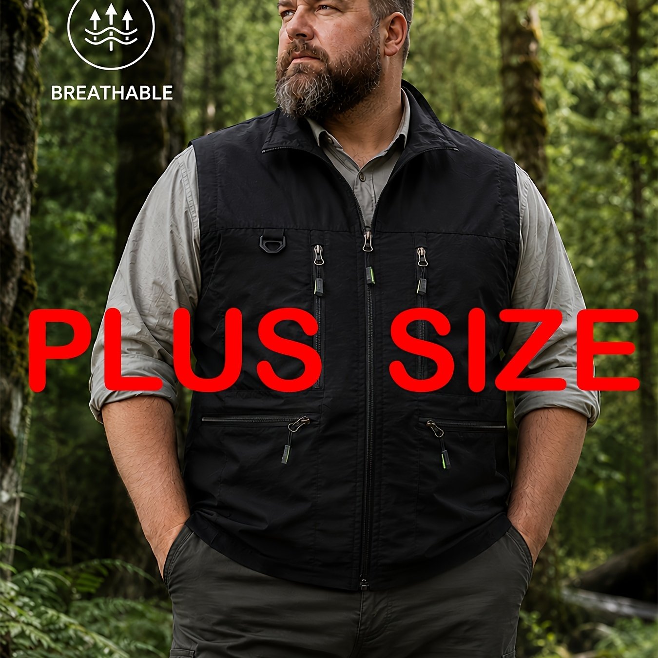 TEMU 0xl-9xl Plus Size Men's Vest Fashion Breathable Multi-pocket Easy Loose Jacket, Solid Color Lapel Outdoor Sports Vest, , Comfortable And Durable