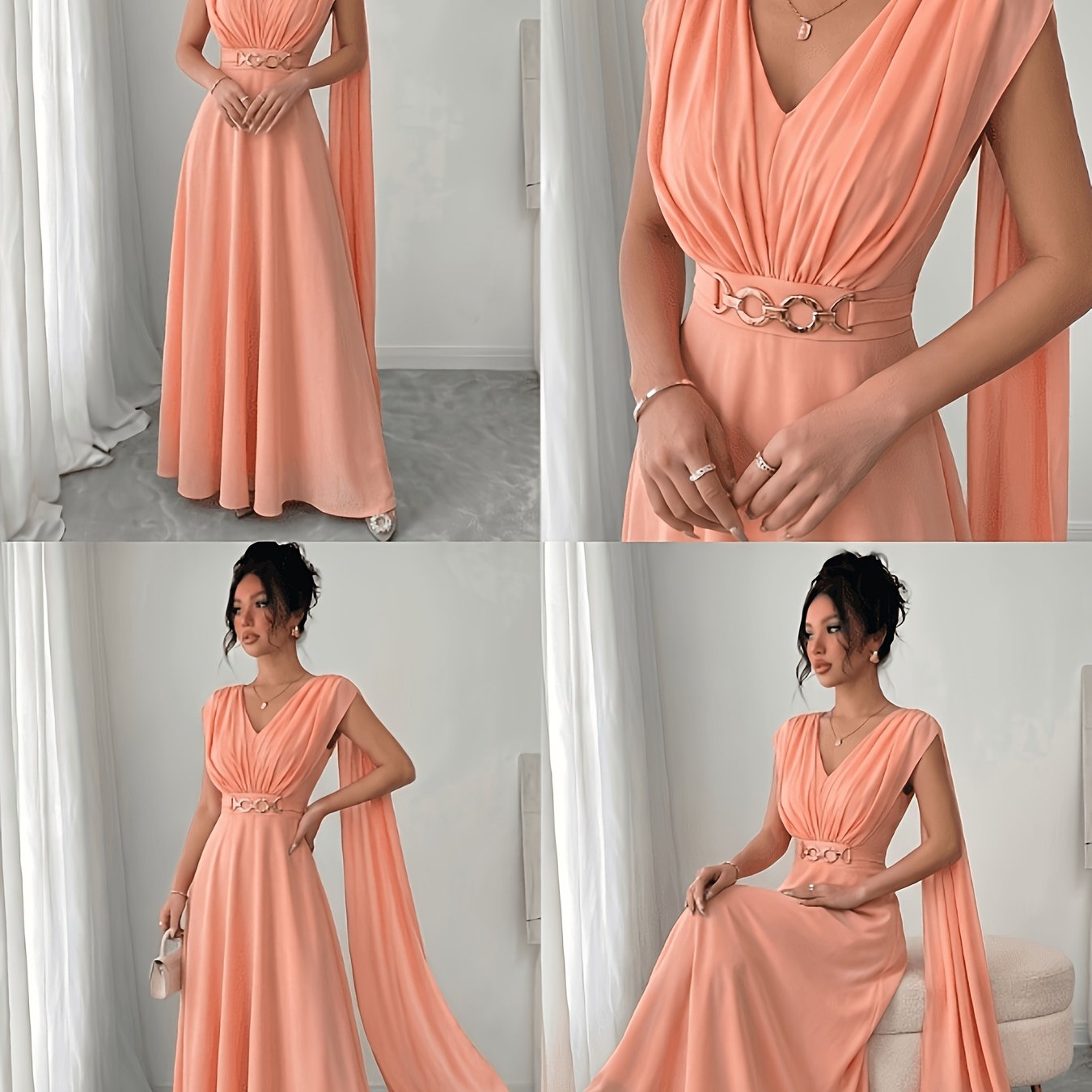 Image of New Ruched Women's Dress, Belt Decorated , Waist Ruched Design, Chiffon Puff Sleeve A-line, Elegant And , Suitable For Weddings, Holidays, Casual Occasions