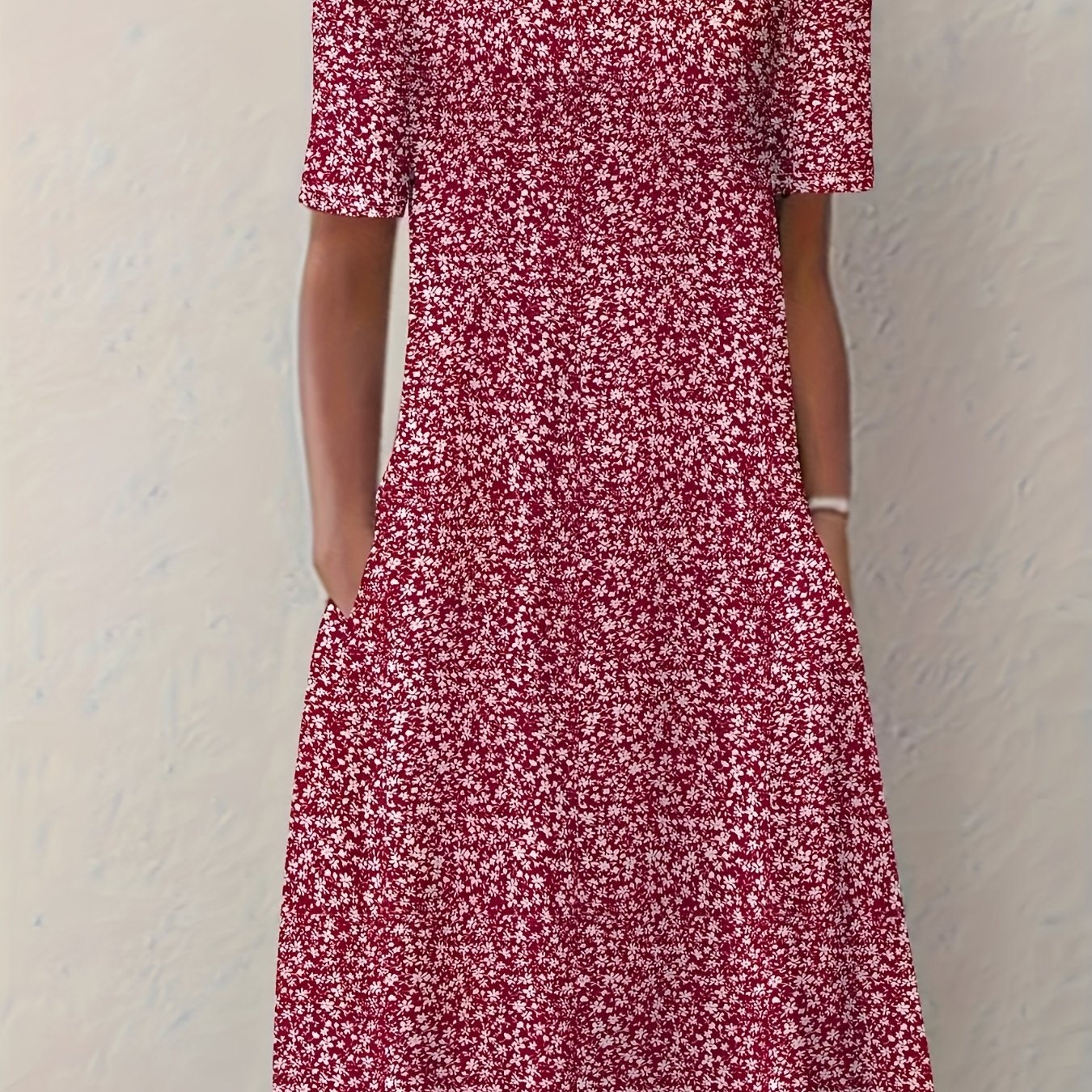 TEMU Women's Bohemian Style Floral Print Double Pocket Dress, Casual Round Neck Short Sleeve Dress Summer Style Lazy Walking Grocery Shopping Home