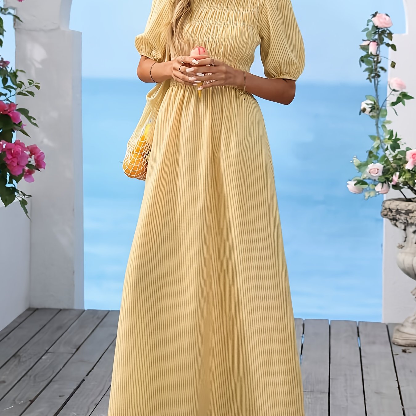 Women's Vacation Casual Striped Puff Sleeve Dress