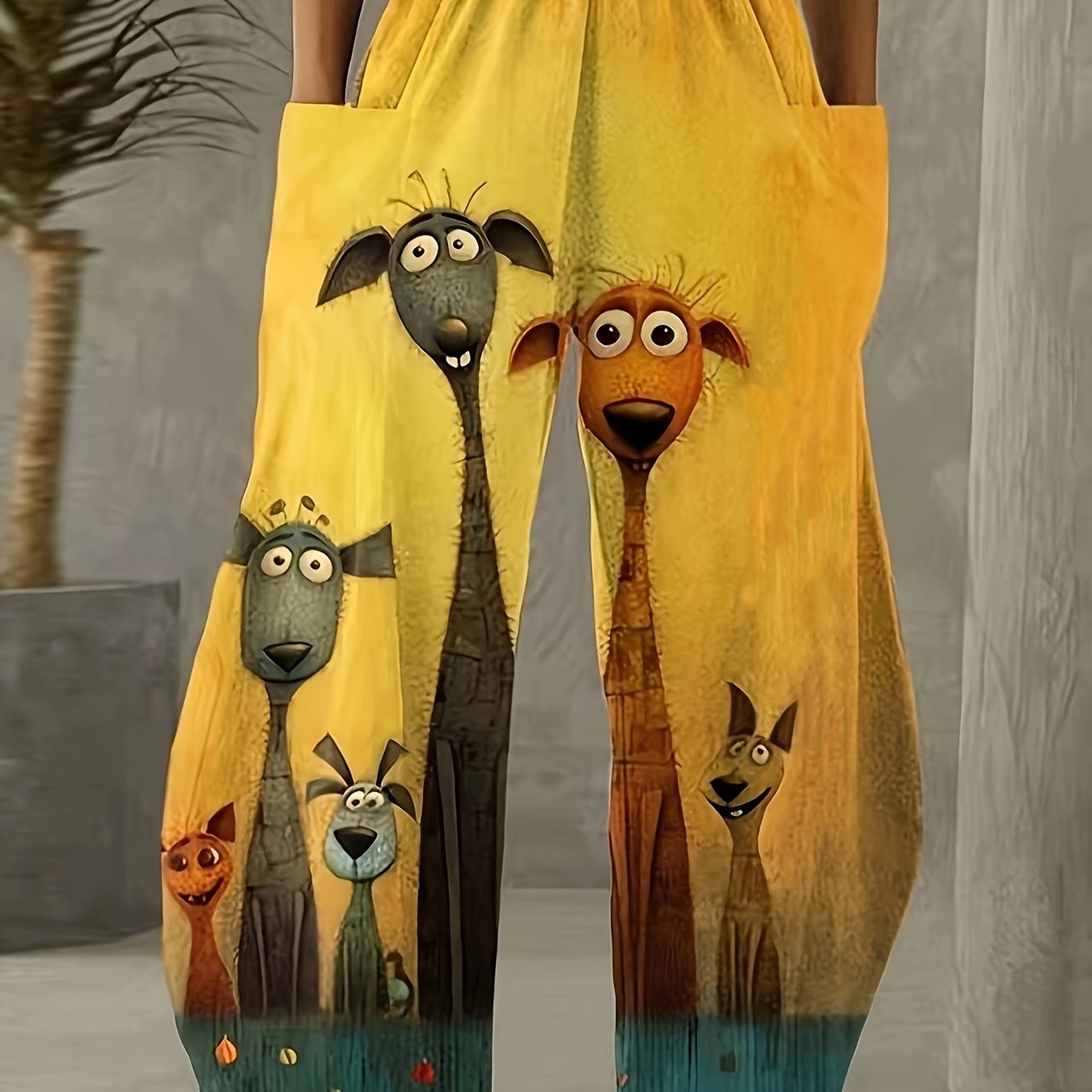 Casual Elegant Wide-leg Curved Pants - Blue 3 Dog Heads 0113
