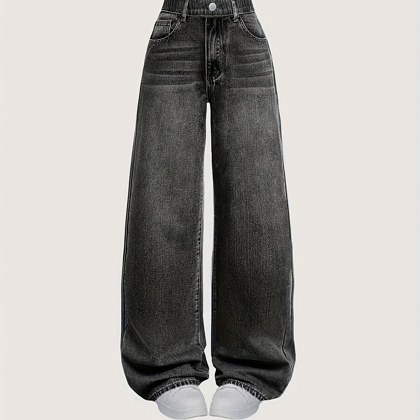 Image of Girls' Denim Denim - Vintage Washed Black Long Pants, Easy Design Showcasing Energy, Washed Black With Natural Faded Effect, Fashionable And Versatile, Wear, , Campus Streetwear
