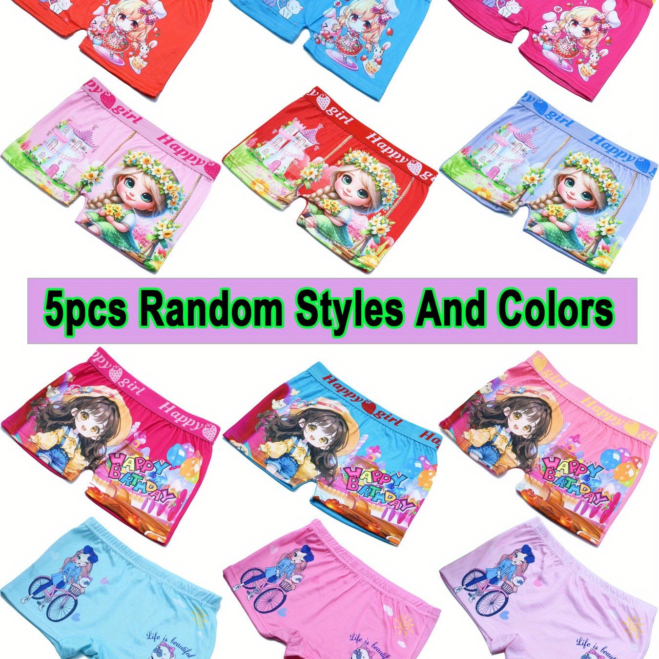 TEMU 5pcs Girls' Underwear Set - Cartoon Briefs For Teen Girls - Comfortable, Breathable, Stretchy Wide Waist Shorts For 1-13 Year Old Princesses