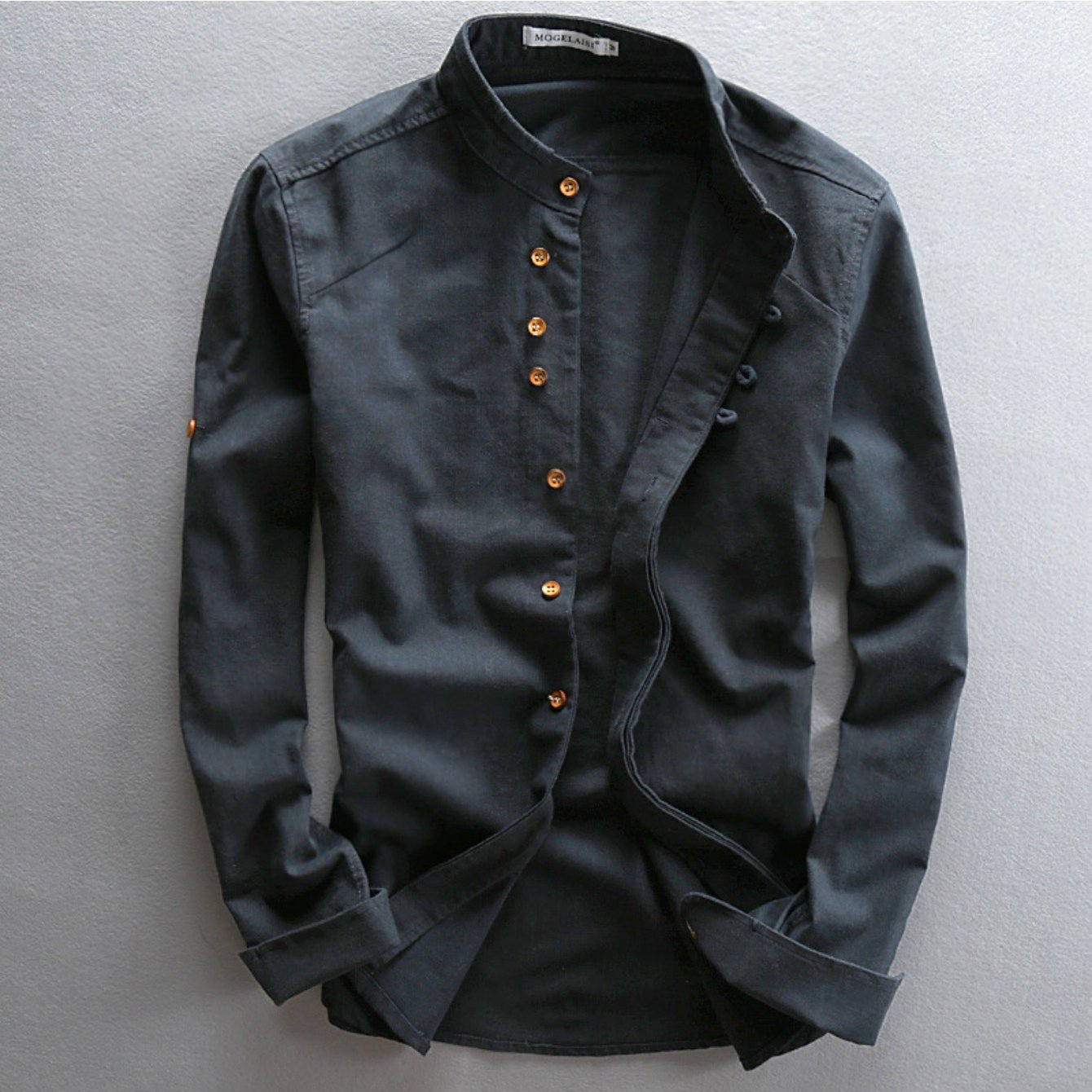 Image of Plus Size Men Autumn Winter Casual Shirt, Chinese Collar Top, Lightweight Breathable, Perfect Father Day Gift, Everyday, Office, Outdoor Wear, Plus Size