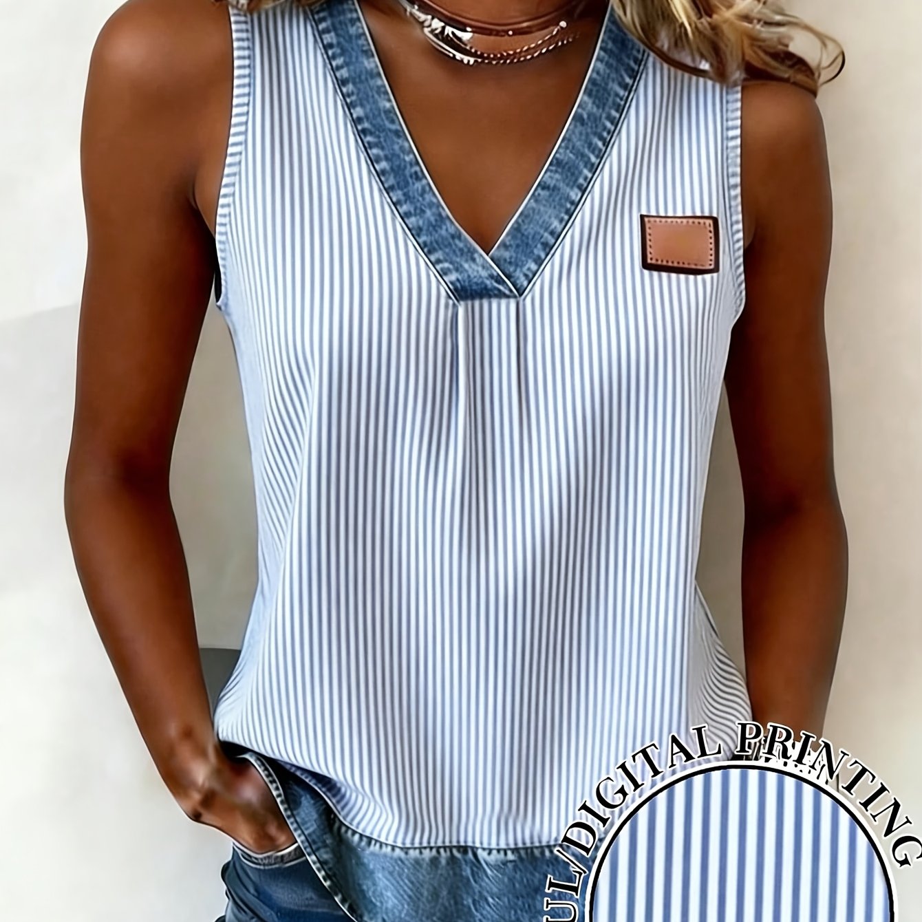 TEMU Pantalones estampados - No es tela de mezclilla, top elegante para mujer, estampado de de mezclilla a rayas vintage, estilo , sin con cuello en