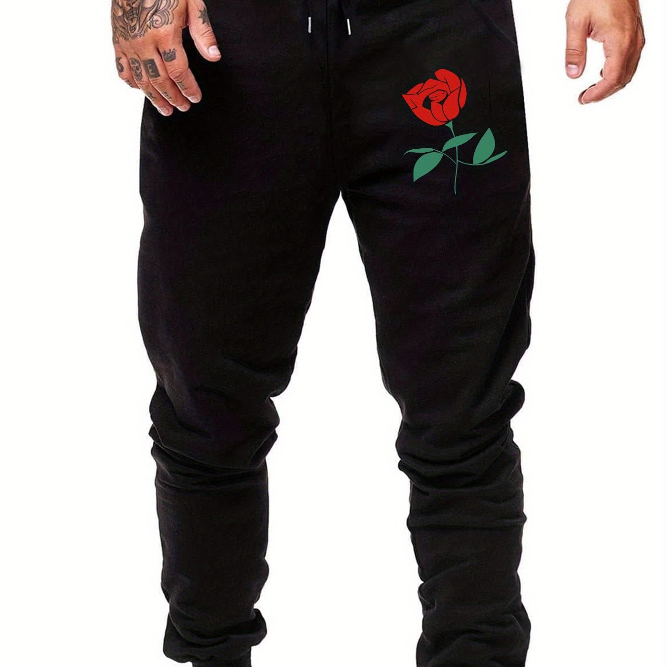 TEMU Men's Casual Sweatpants, Rose Printed Men' Drawstring Casual Sports Loose Trousers, Suitable For Outdoor Sports, Comfortable And